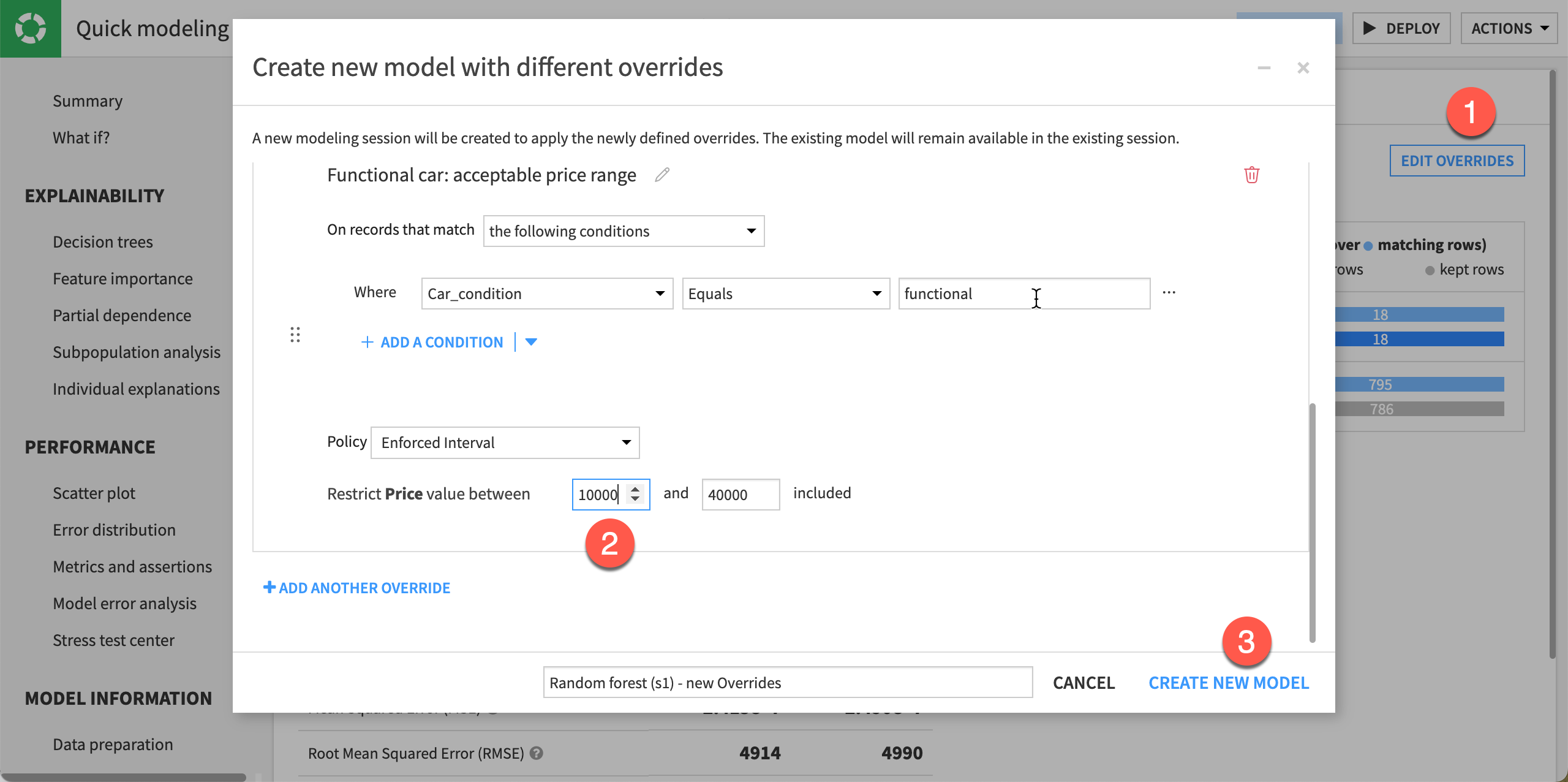 Screenshot of how to edit the override conditions.