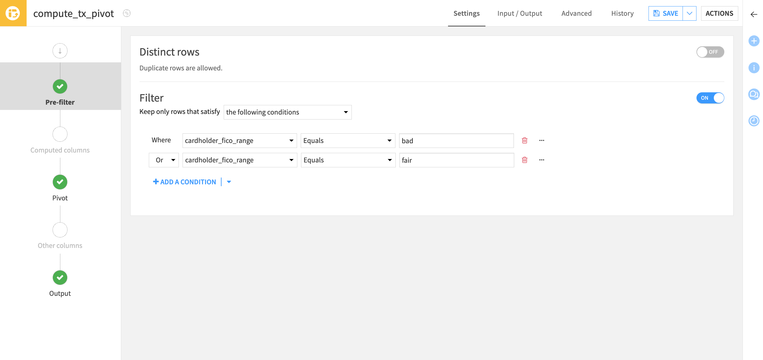 Dataiku screenshot of the Pre-filter step of the Pivot recipe.