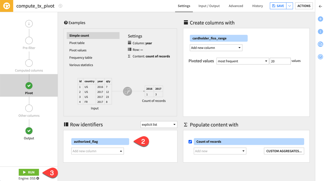 Dataiku screenshot of the Pivot step of the Pivot recipe.
