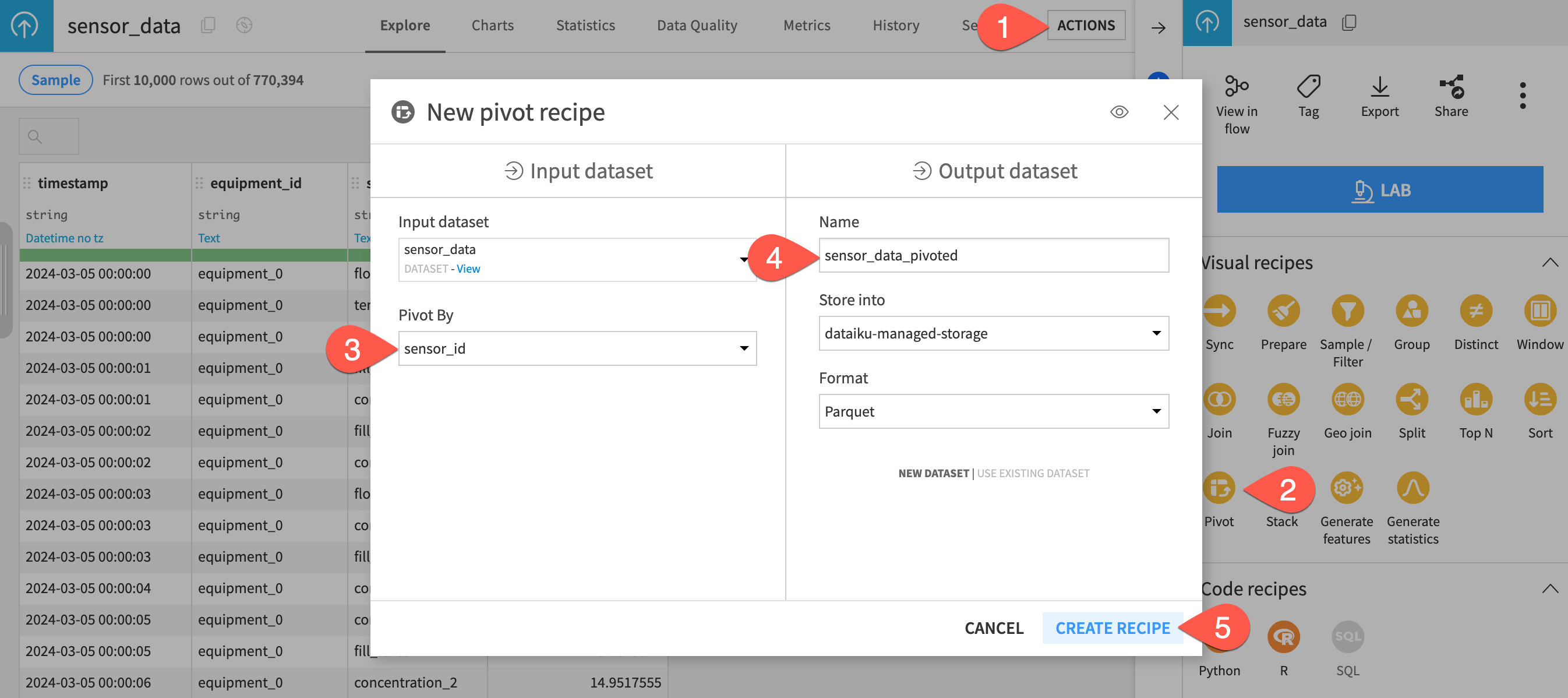 Dataiku screenshot of the Pivot recipe.