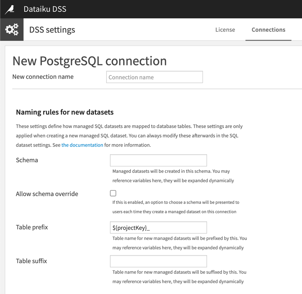 New PostgreSQL connection page in the Connections tab within DSS settings.