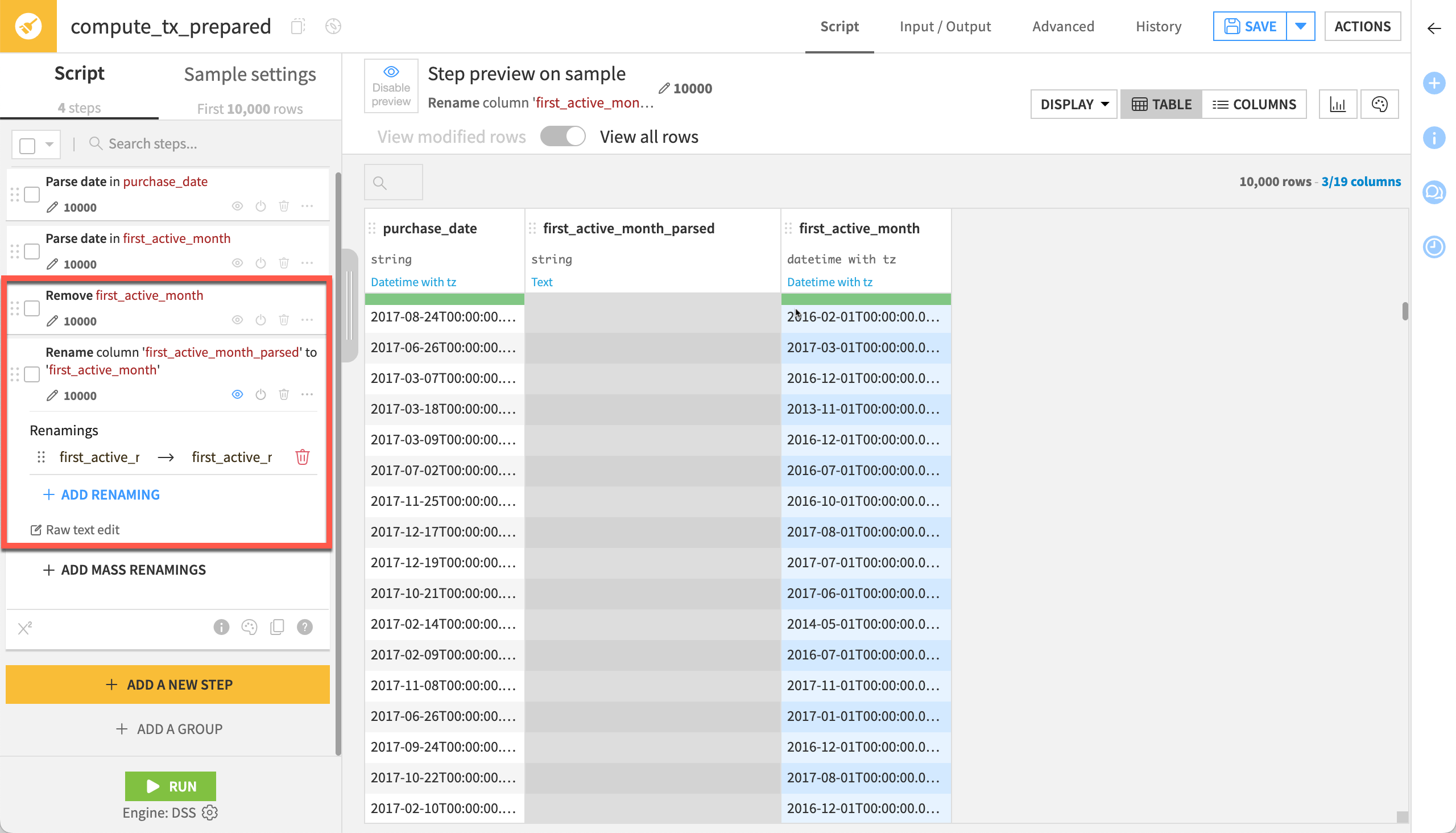 Dataiku screenshot of a Prepare recipe step parsing dates.