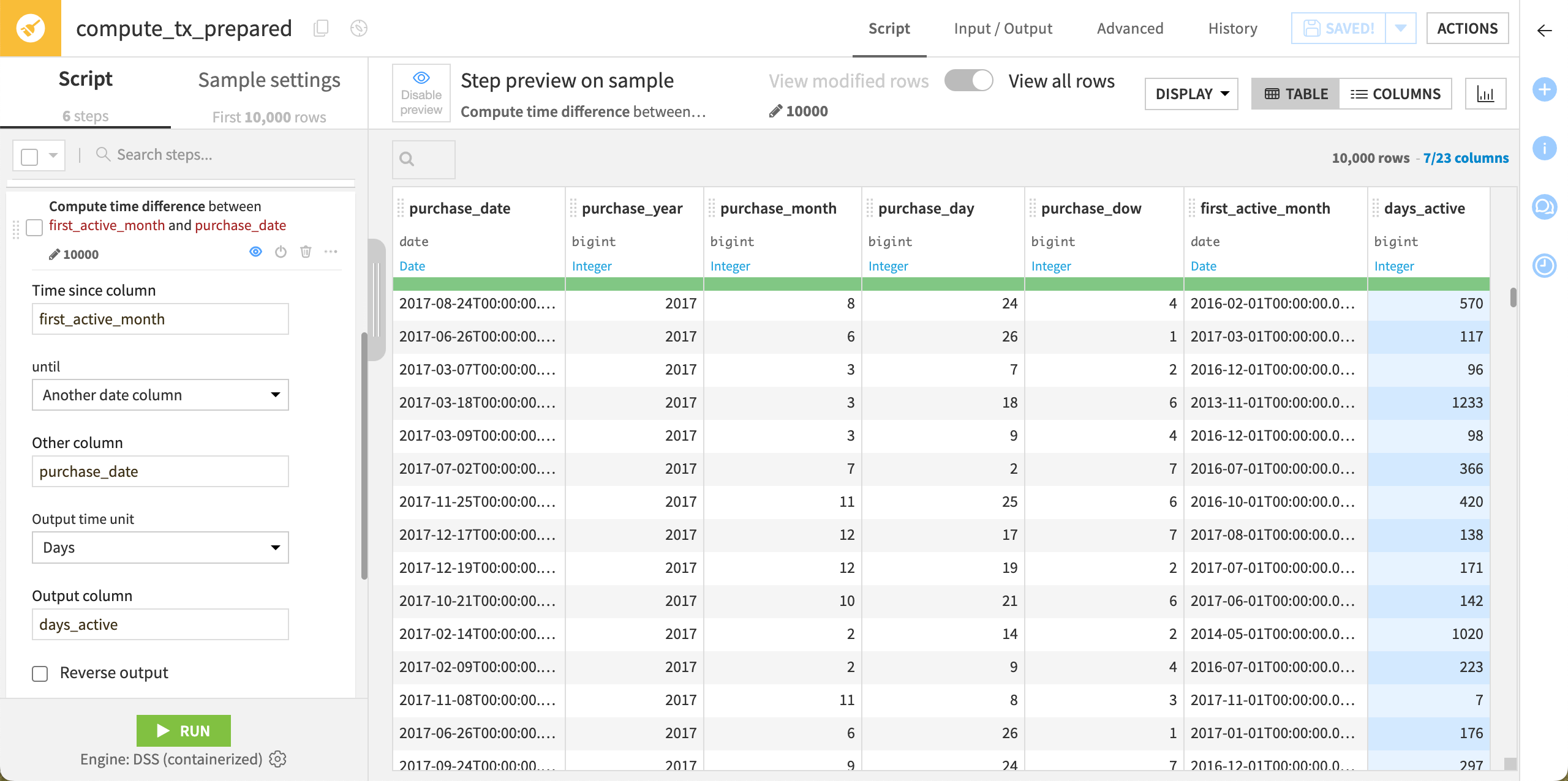 Dataiku screenshot of a Compute time difference step in a Prepare recipe.