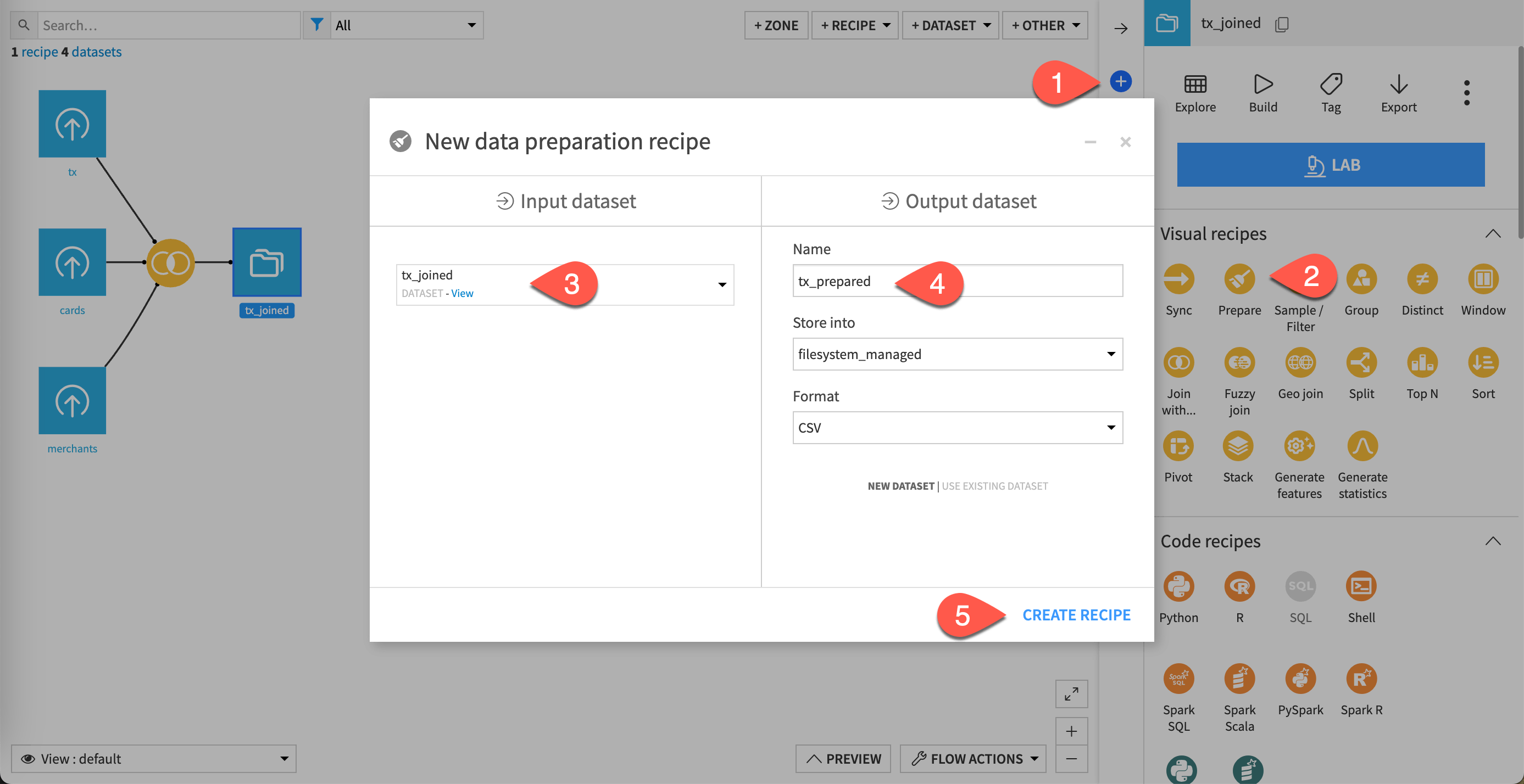Dataiku screenshot of the dialog for a new dataset preparation recipe.