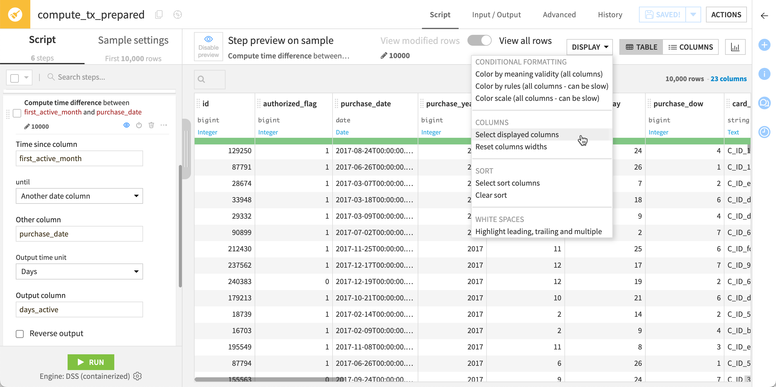 Dataiku screenshot of a Display menu in a Prepare recipe.