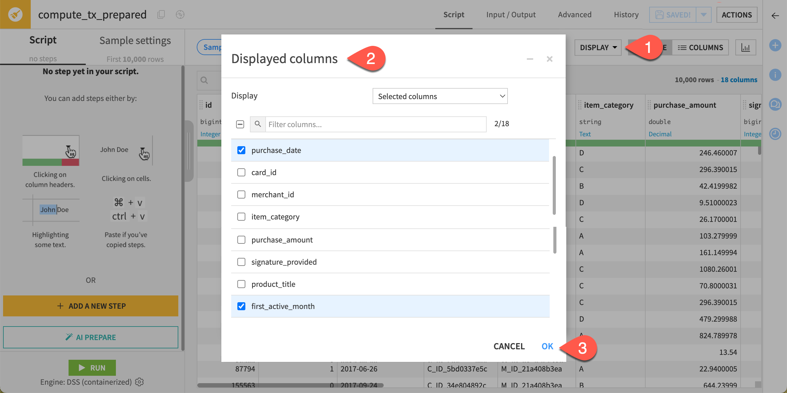 Dataiku screenshot of display filters.