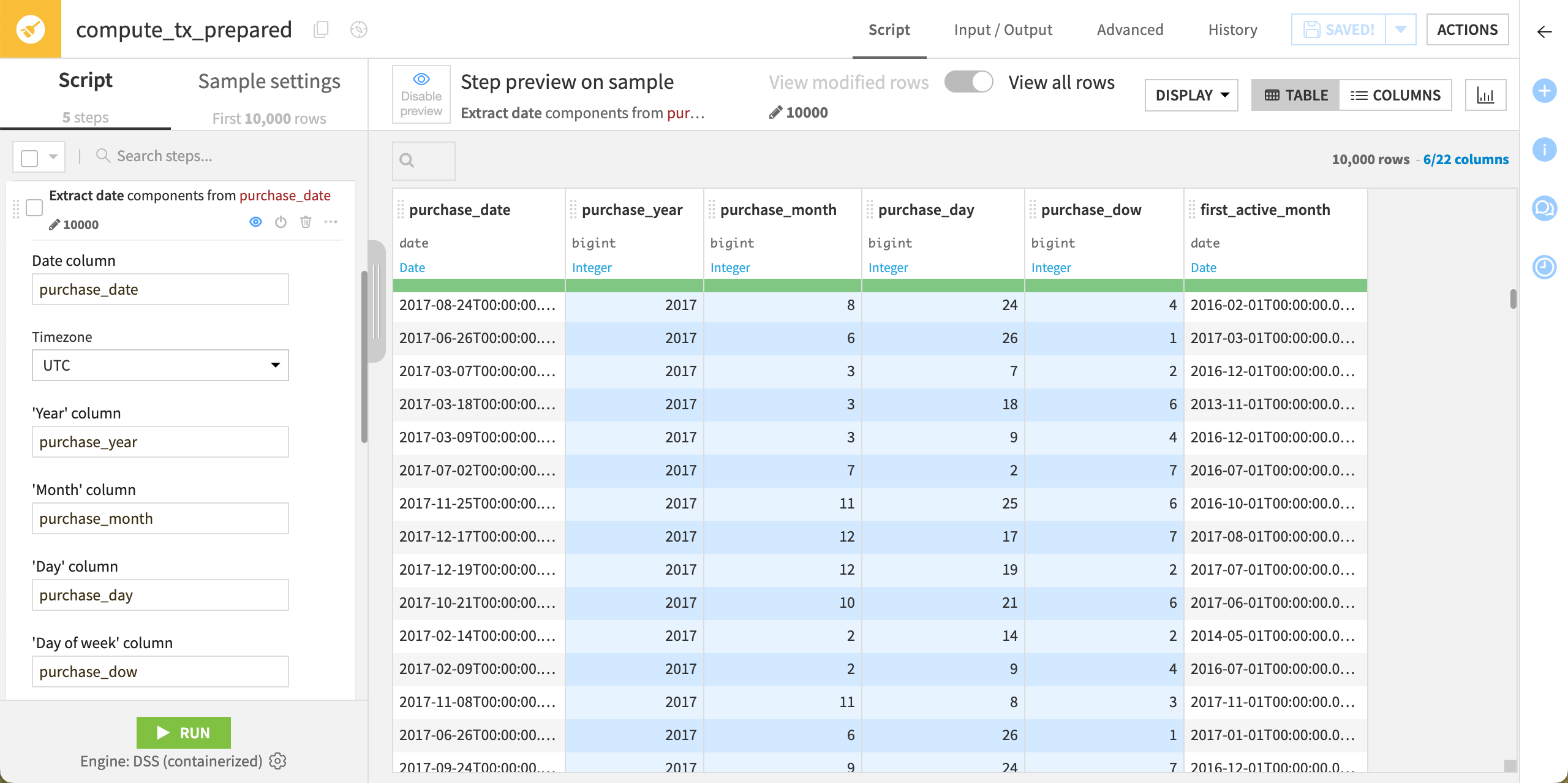 Dataiku screenshot of a Prepare recipe step extracting date components.