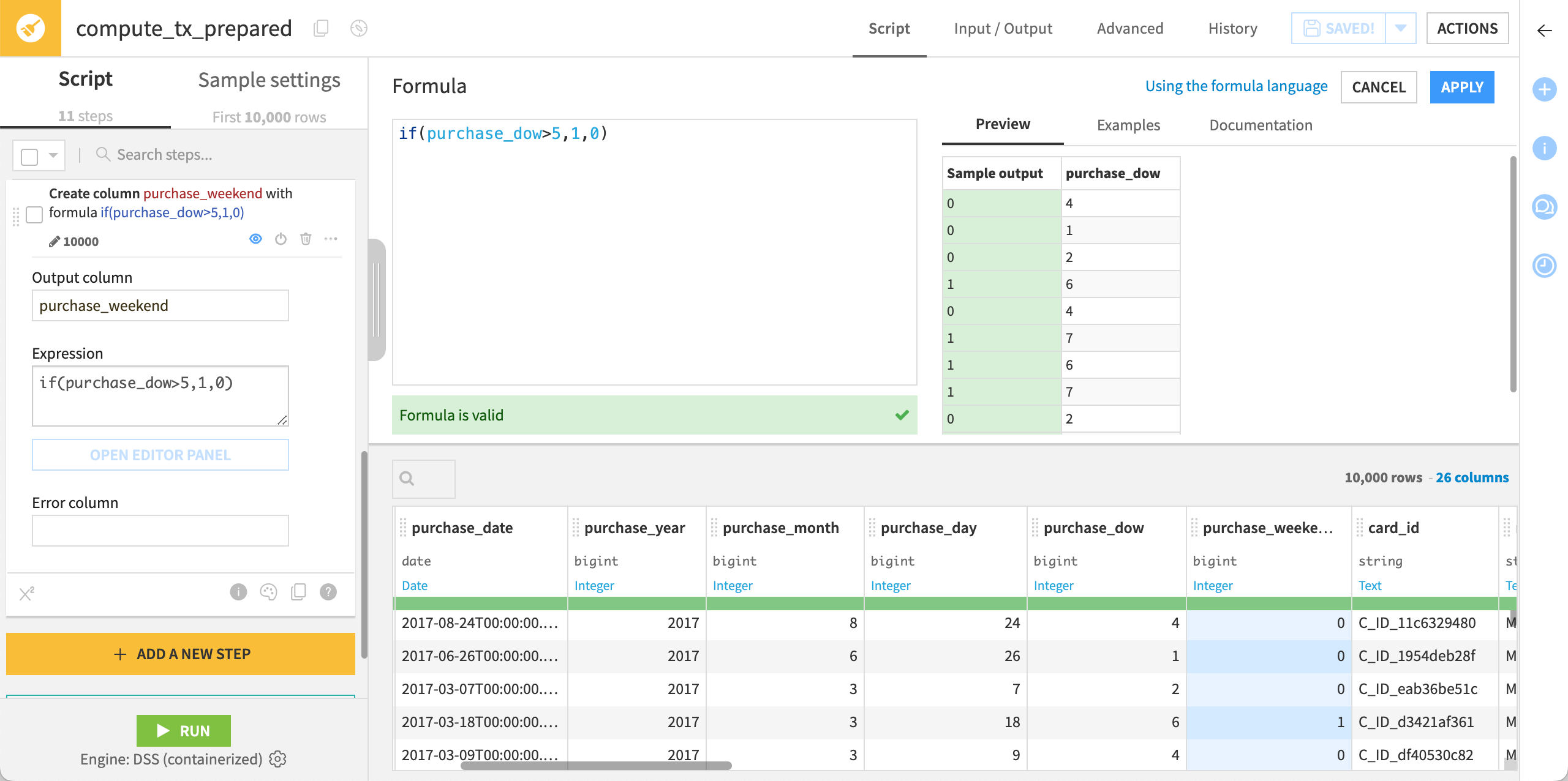 Dataiku screenshot of a formula in a Prepare recipe.