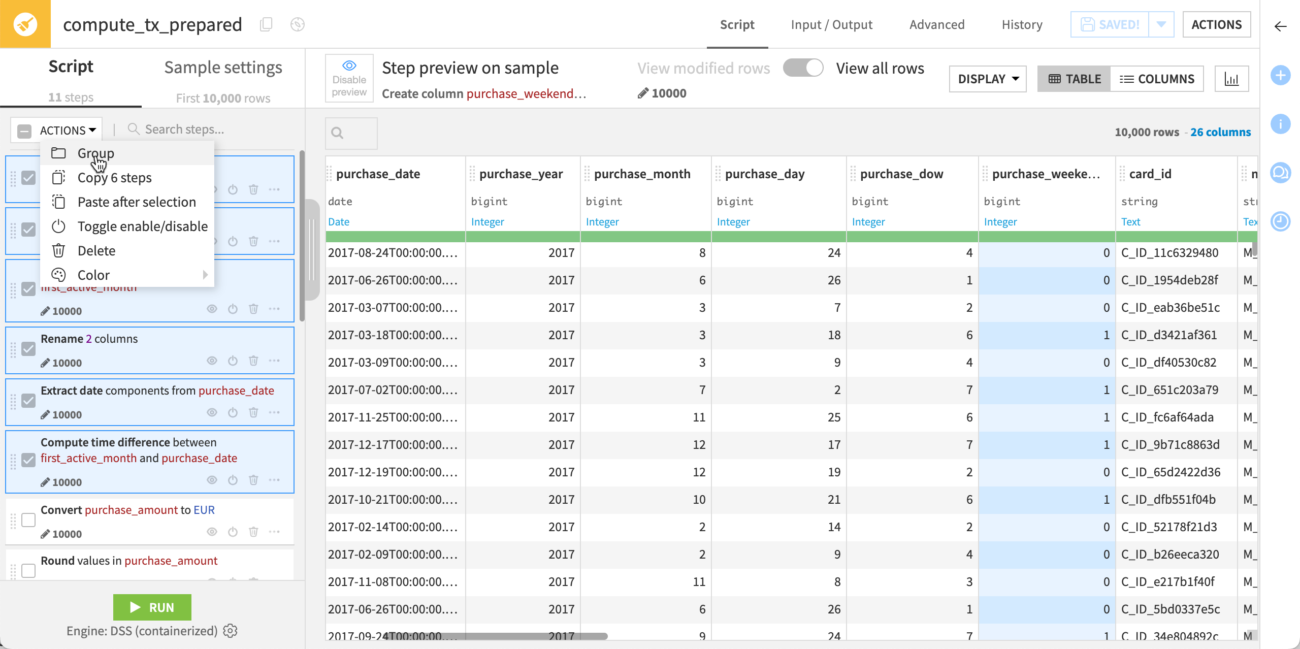 Dataiku screenshot showing how to group steps in a Prepare recipe.