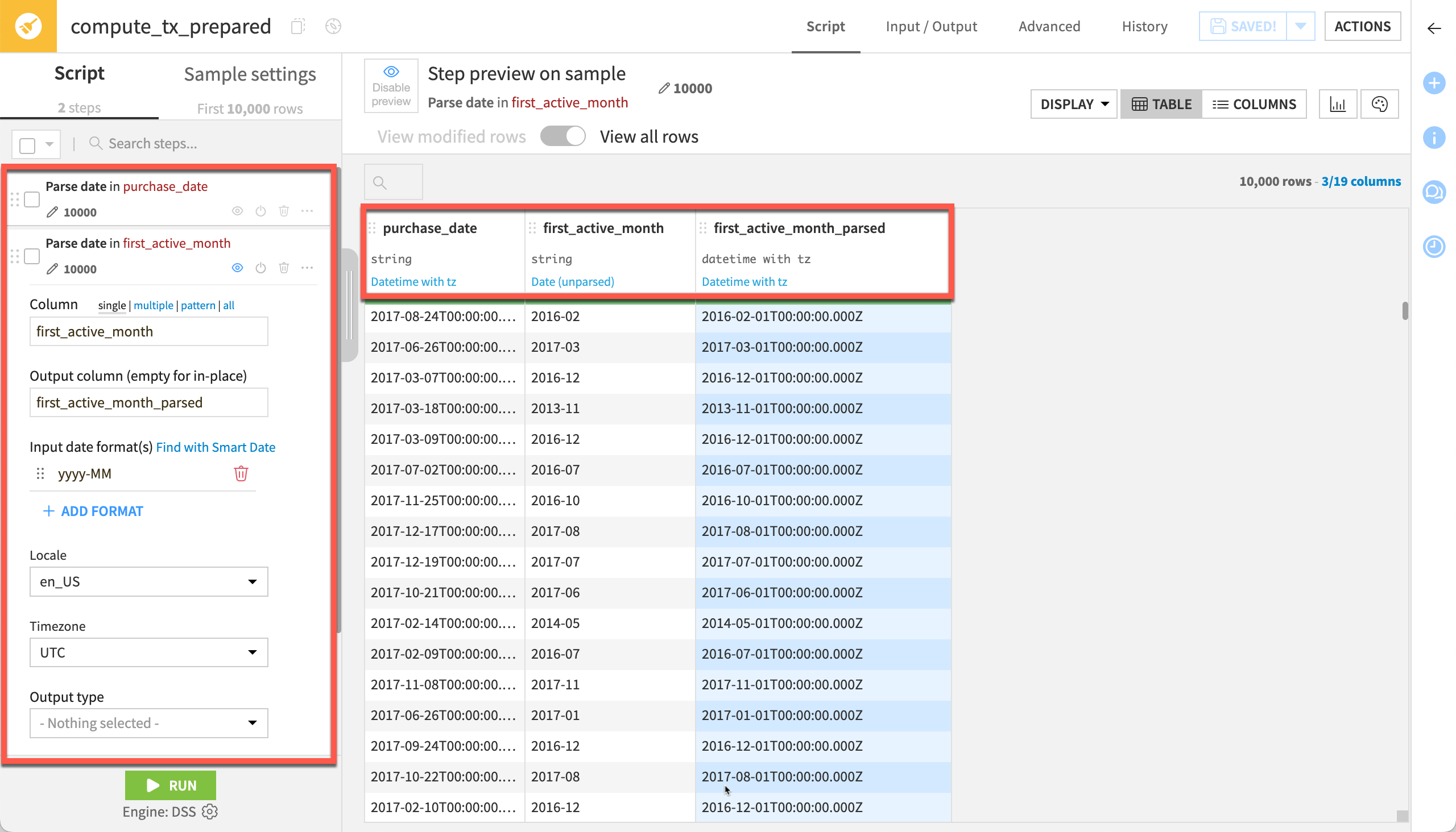 Dataiku screenshot of a Prepare recipe step parsing dates.