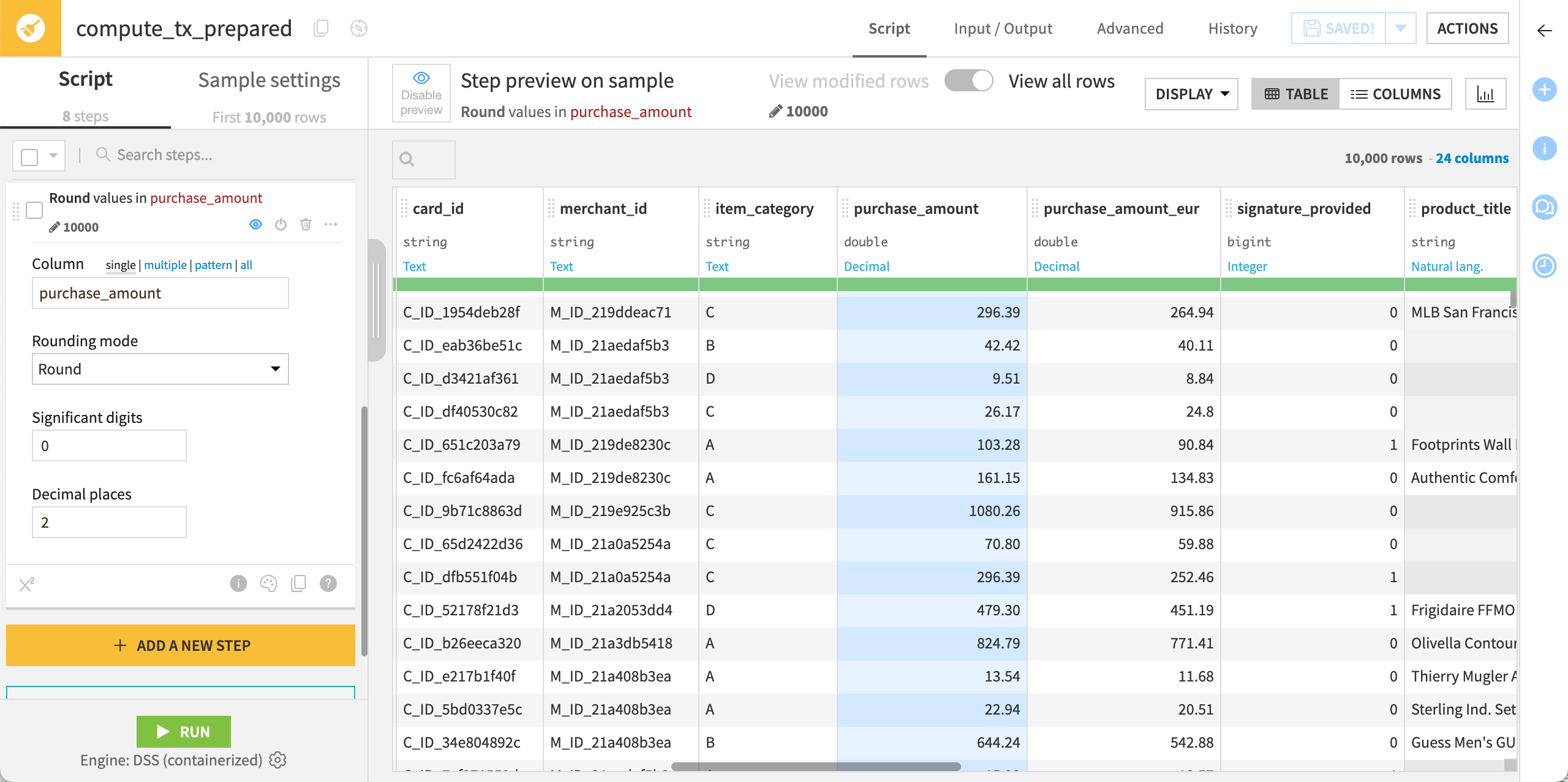 Dataiku screenshot of rounding numbers in a Prepare recipe.