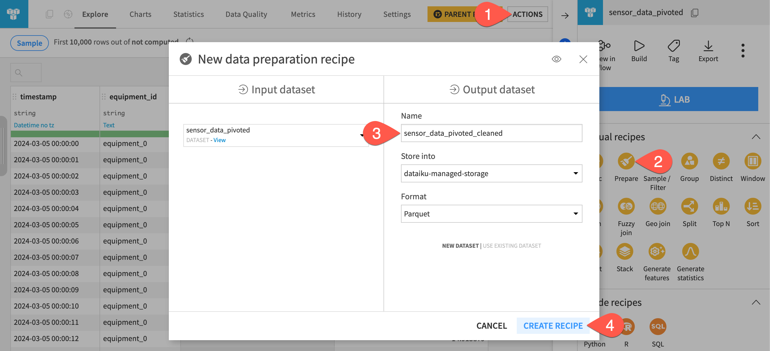 Dataiku screenshot of the Prepare recipe.