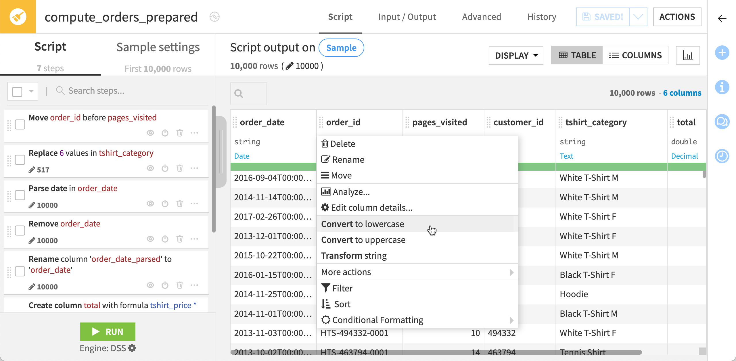 Screenshot of a column context menu in Dataiku.