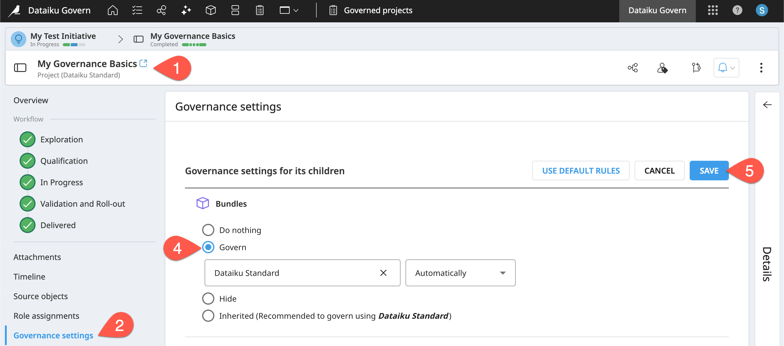 Dataiku screenshot of project governance settings.