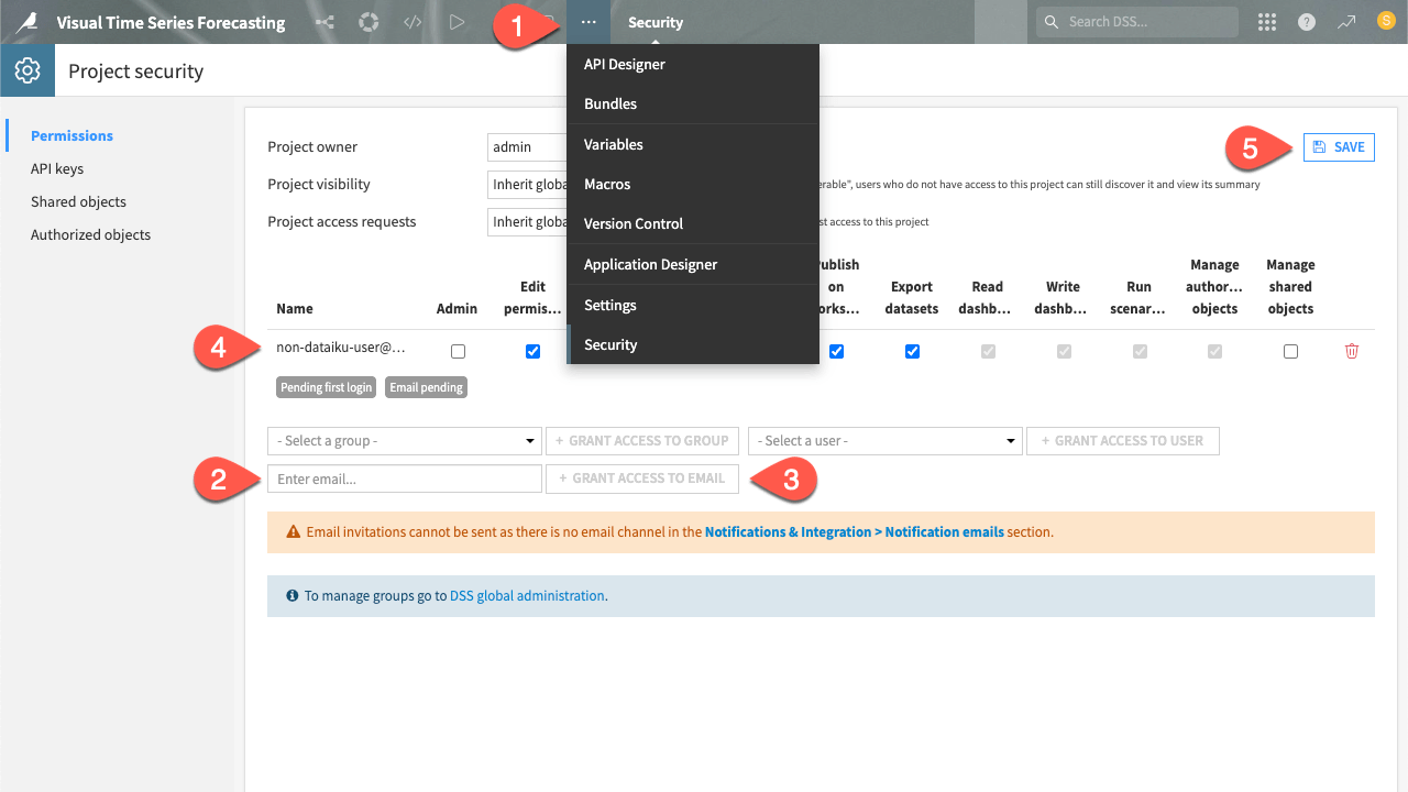 Dataiku screenshot of the sharing option for projects by mail.