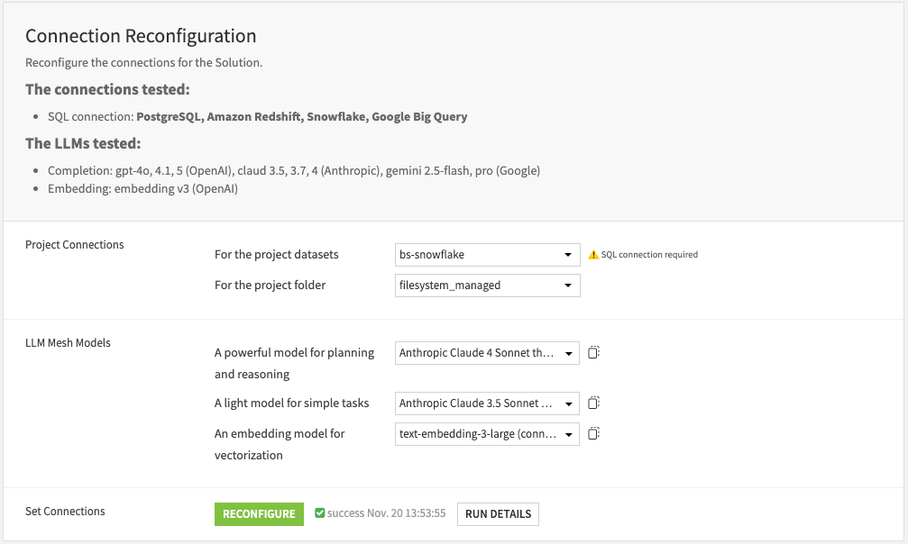 Dataiku screenshot of the project setup connection configuration.