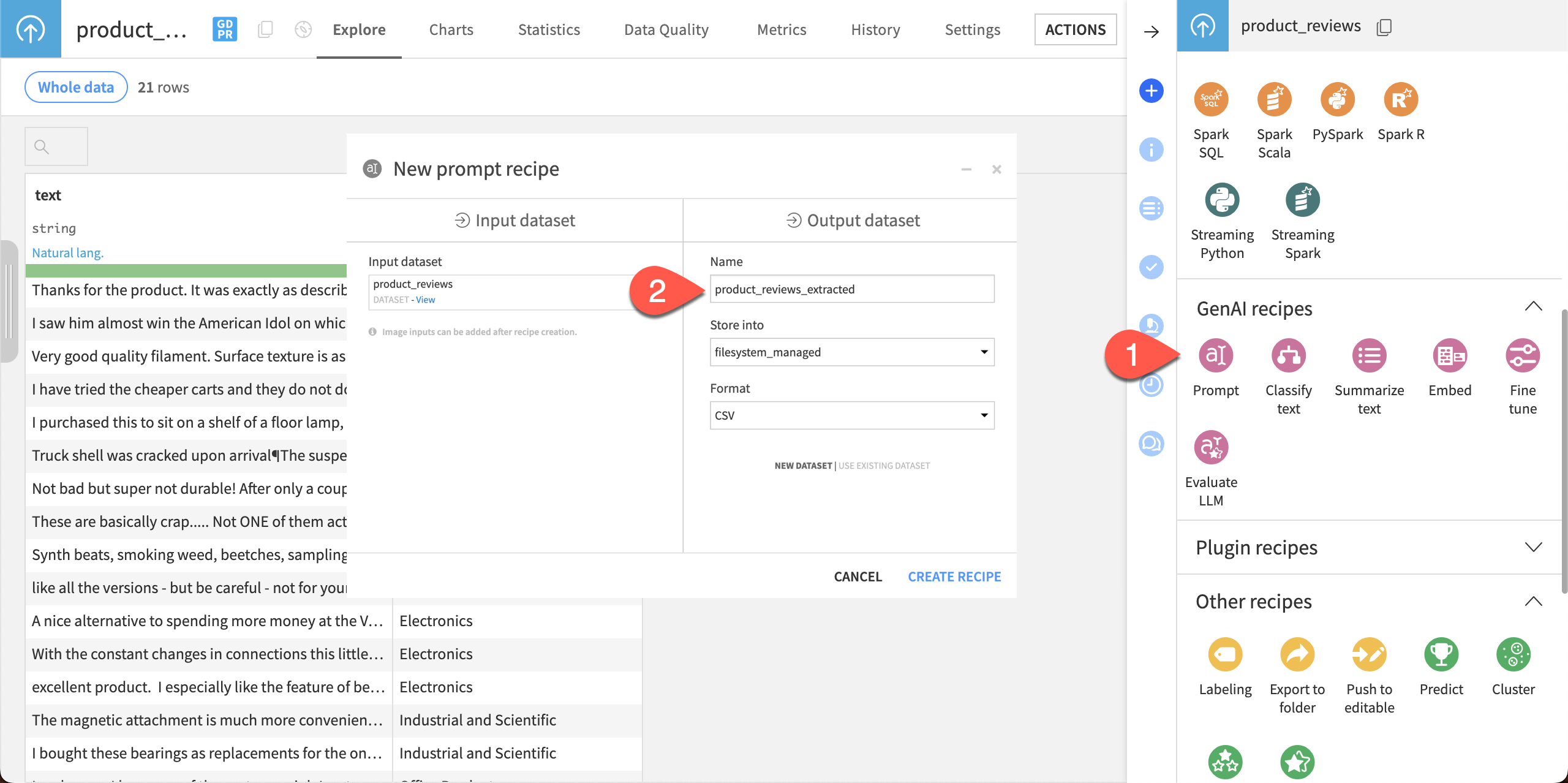 Steps to create a new Prompt recipe with the output dataset product_reviews_extracted.