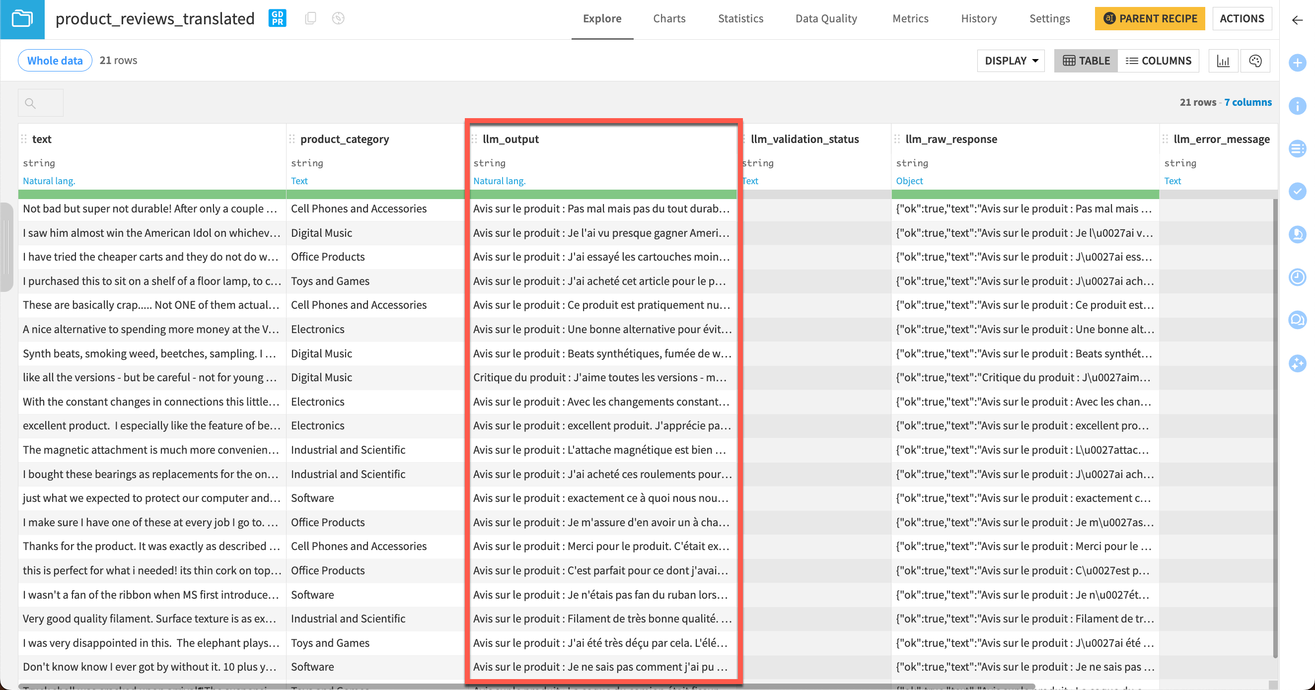 The output dataset from a translation prompt.