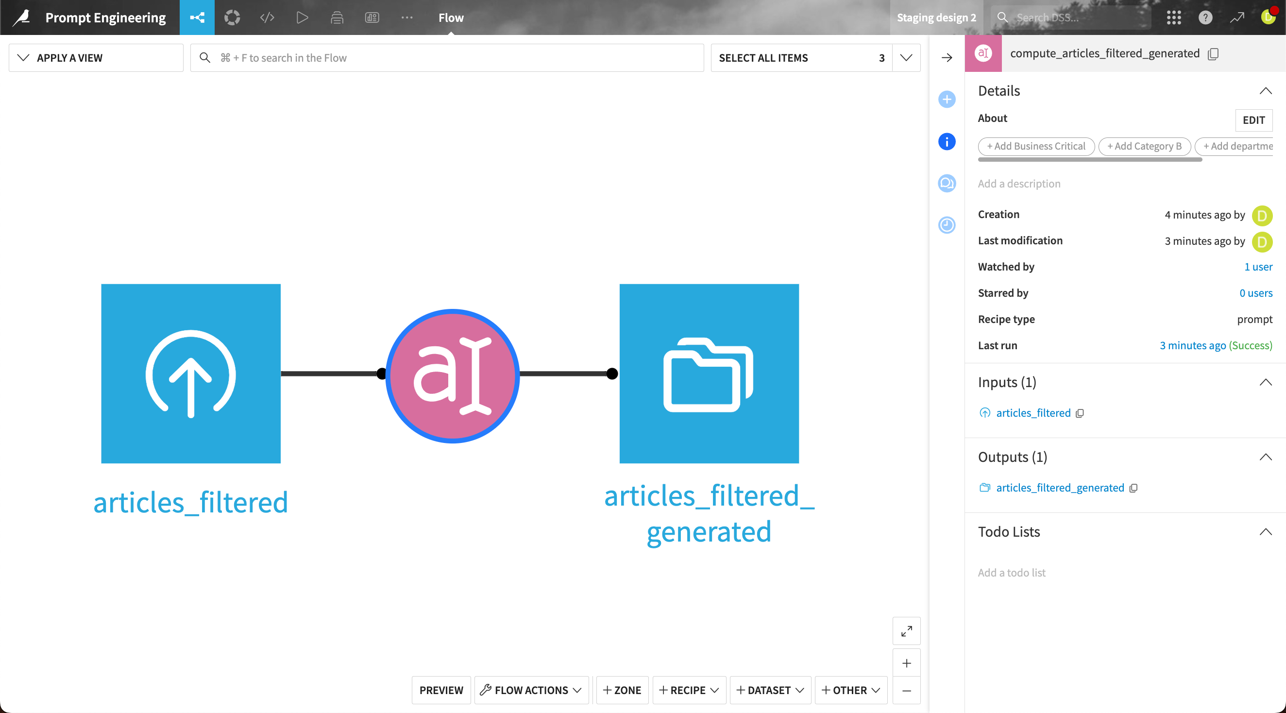 The final Flow showing the Prompt recipe and generated dataset