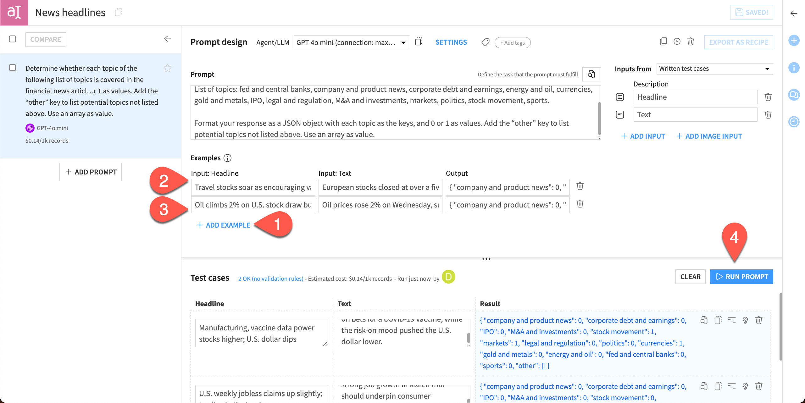 Screenshot of the final prompt with examples and results from test cases.