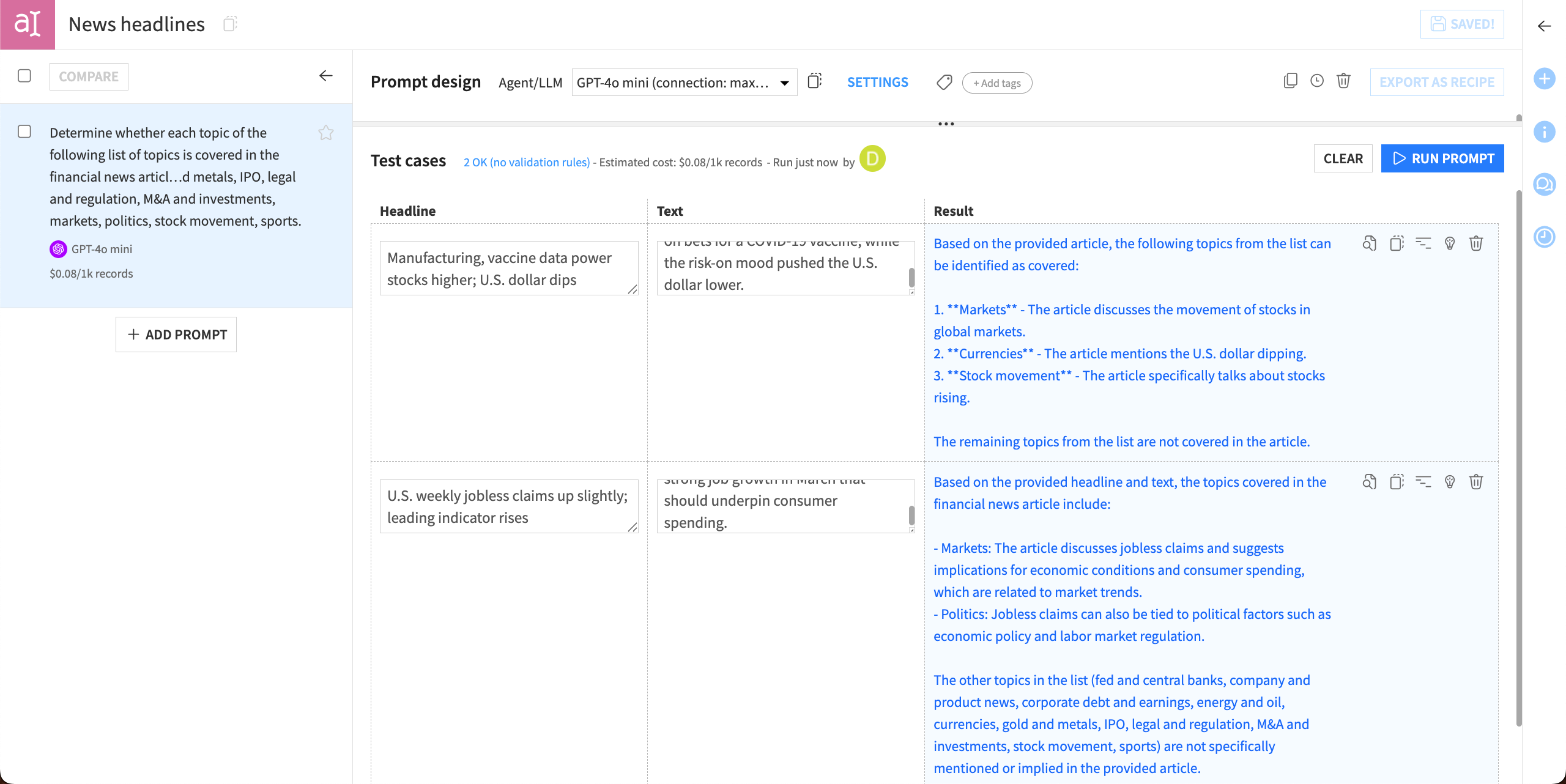Screenshot of the prompt design, showing results from the first iteration.