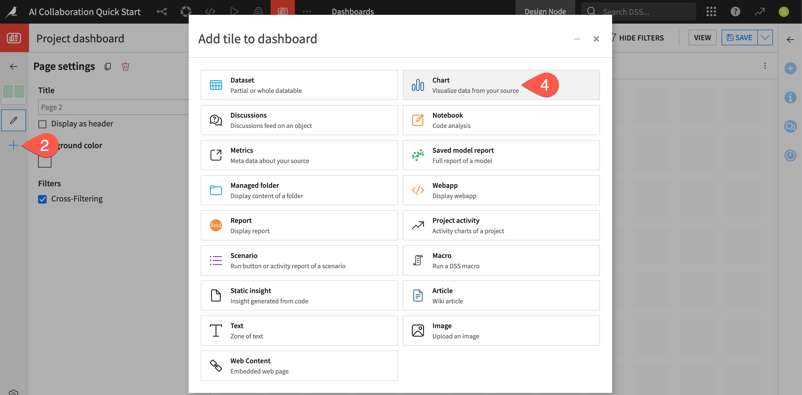 Dataiku screenshot of the dialog for adding a chart insight to a dashboard.