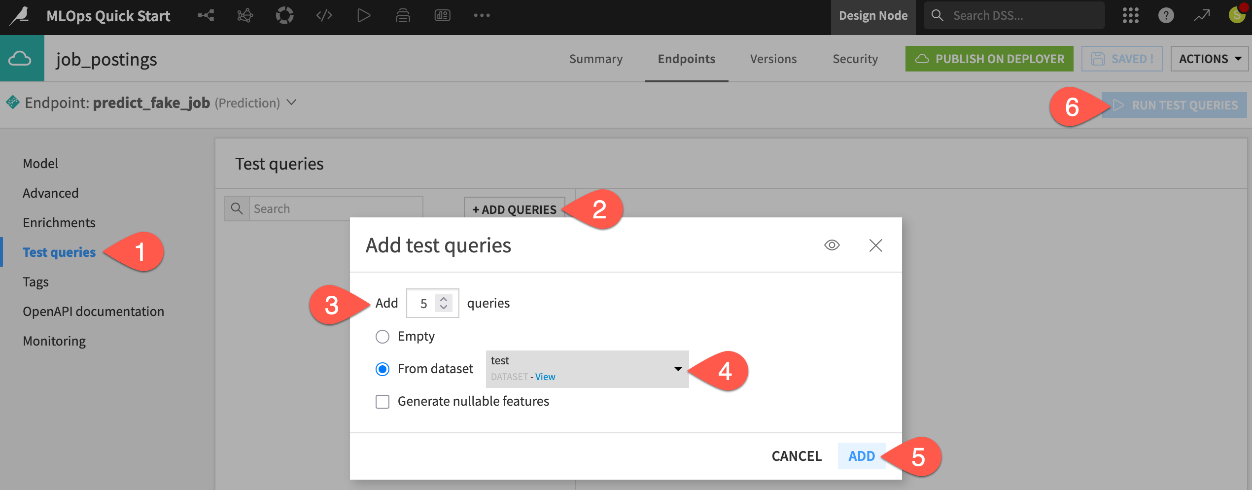 Dataiku screenshot of test queries in the API designer.
