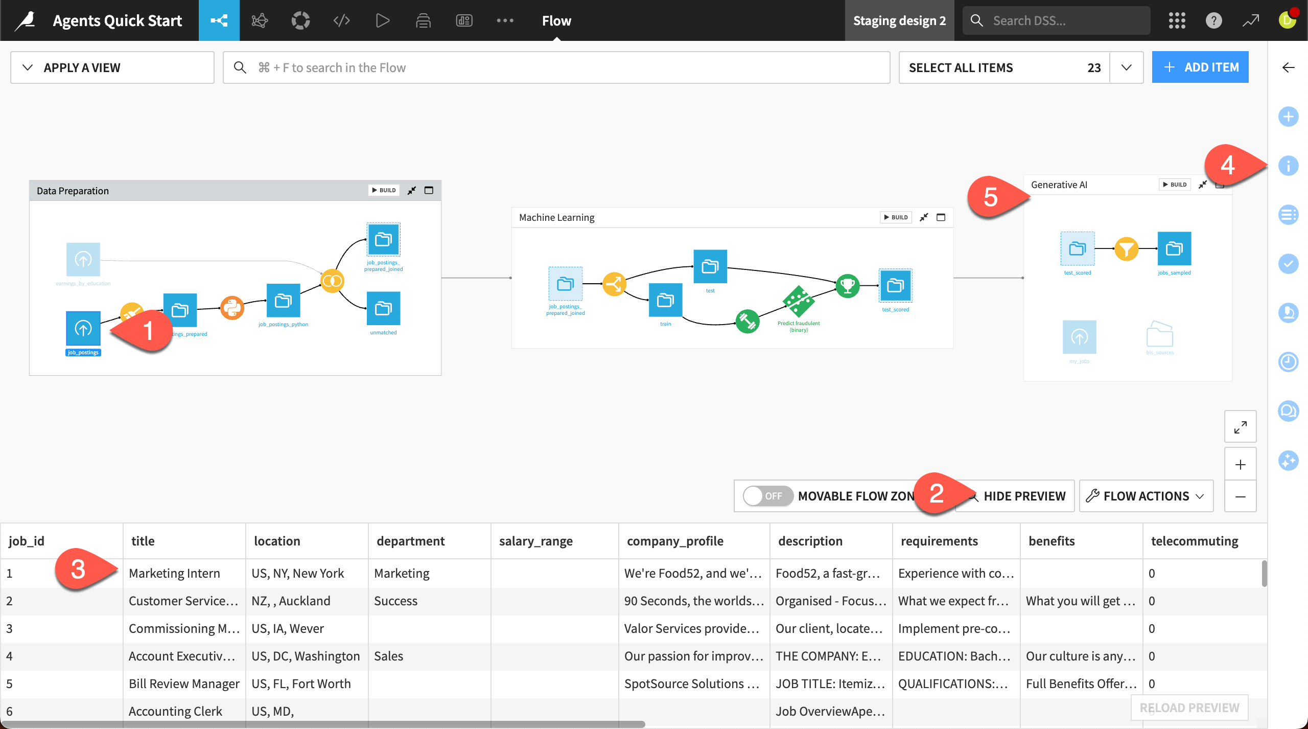 Dataiku screenshot of the Agents starting Flow.