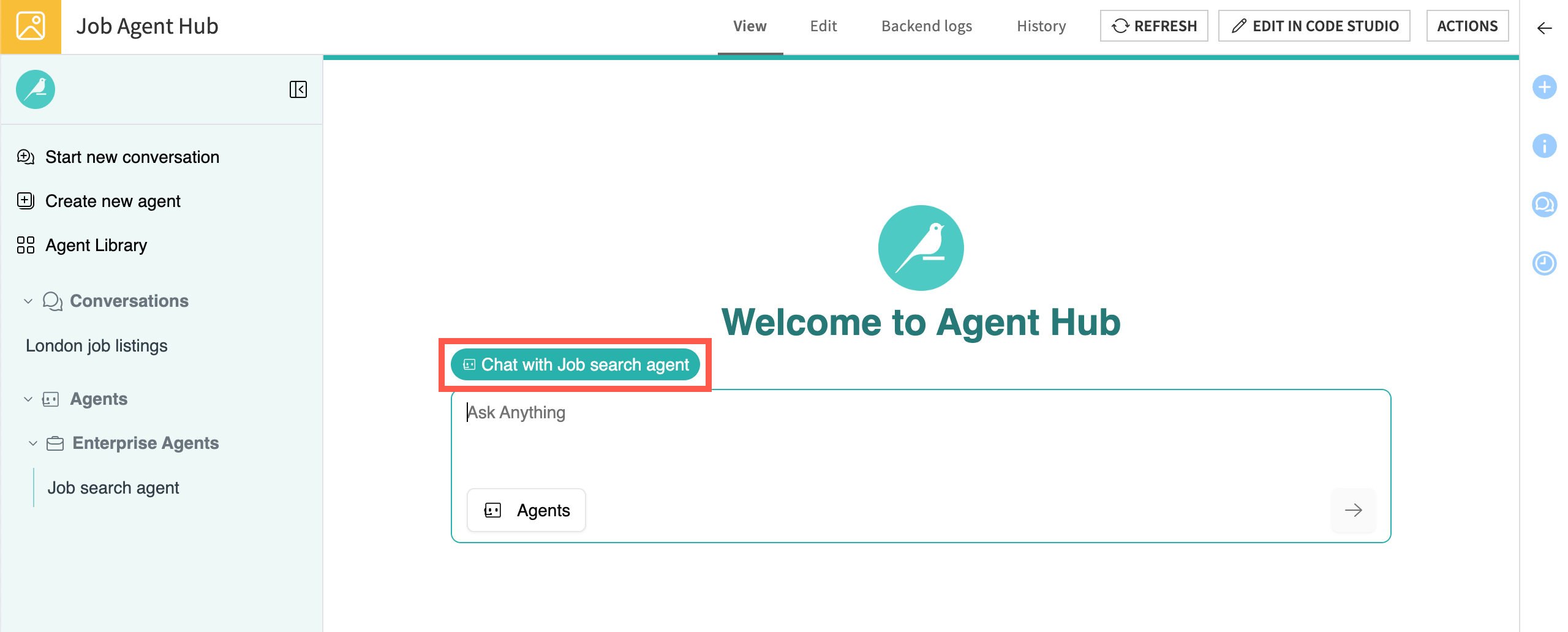 An example of using an agent in the Agent Hub.
