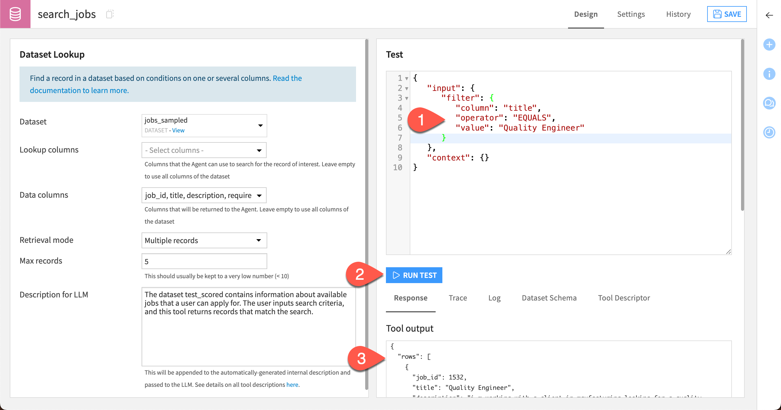 Steps to test the Dataset Lookup tool.