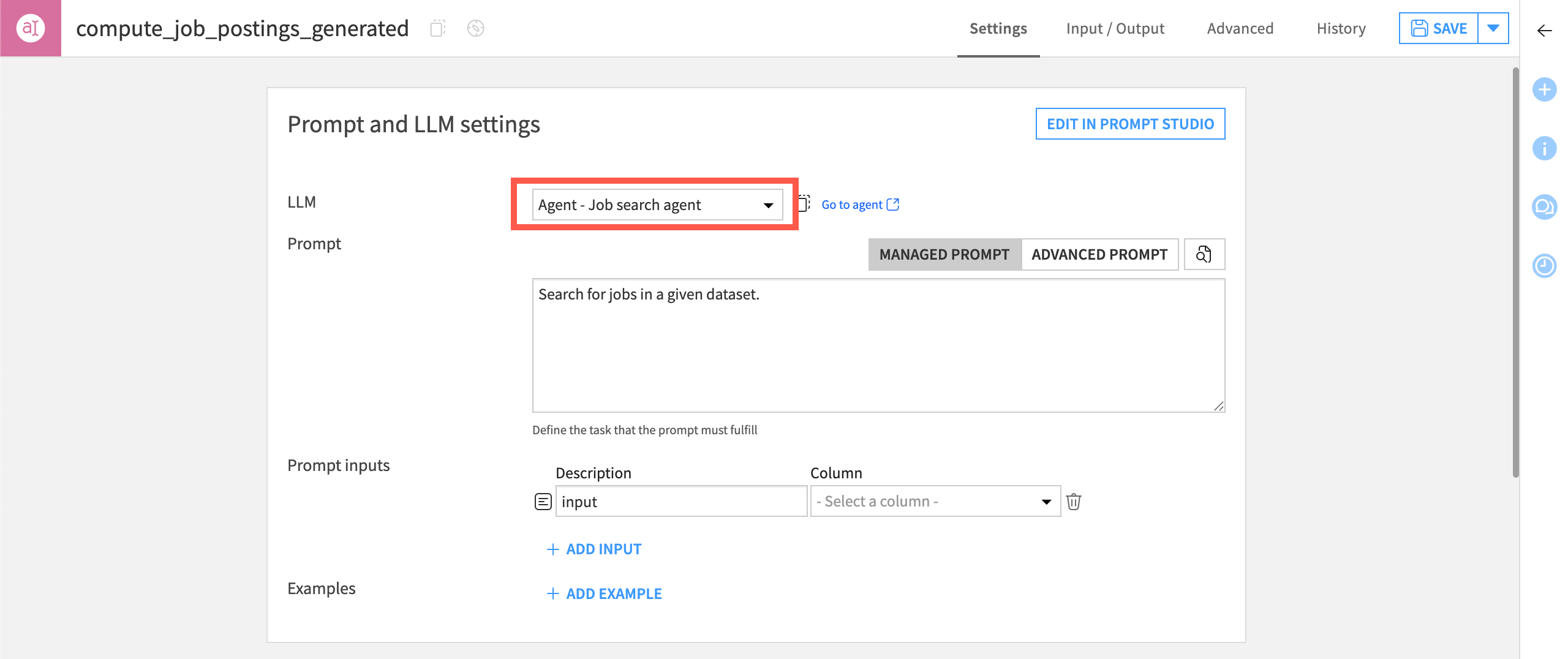 An example of using an agent in a Prompt recipe.