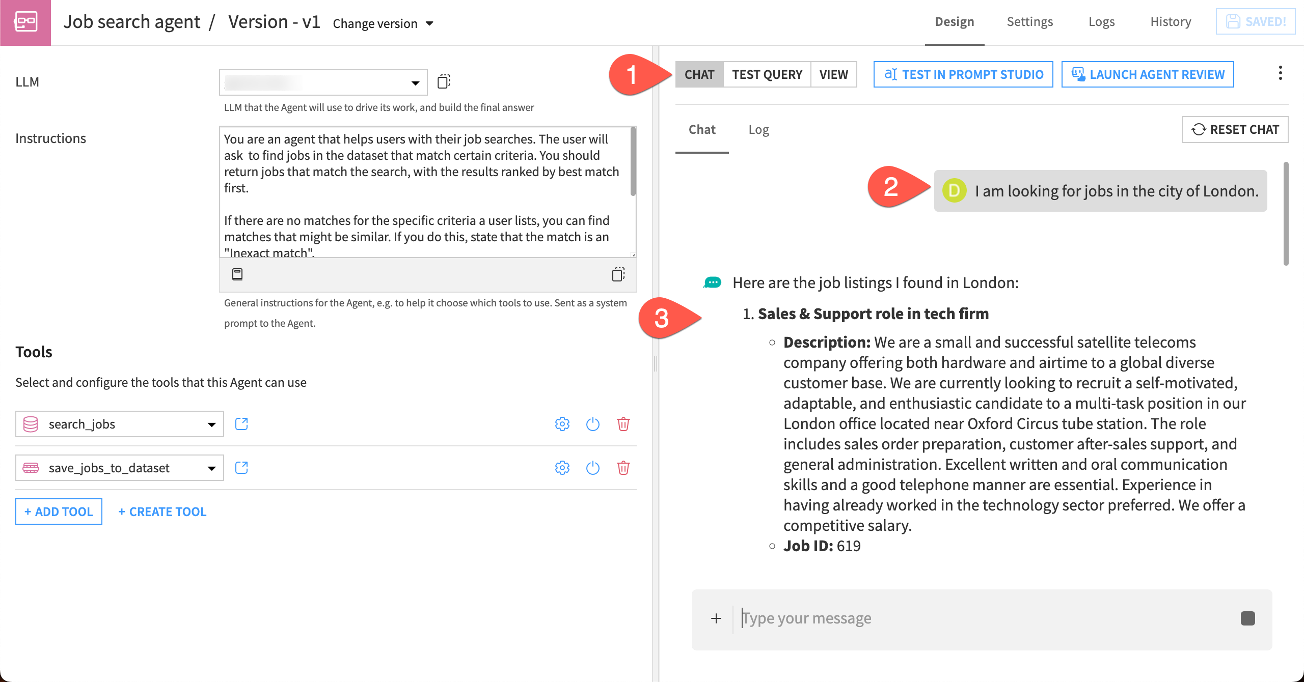Steps to test the agent using a chat interface.