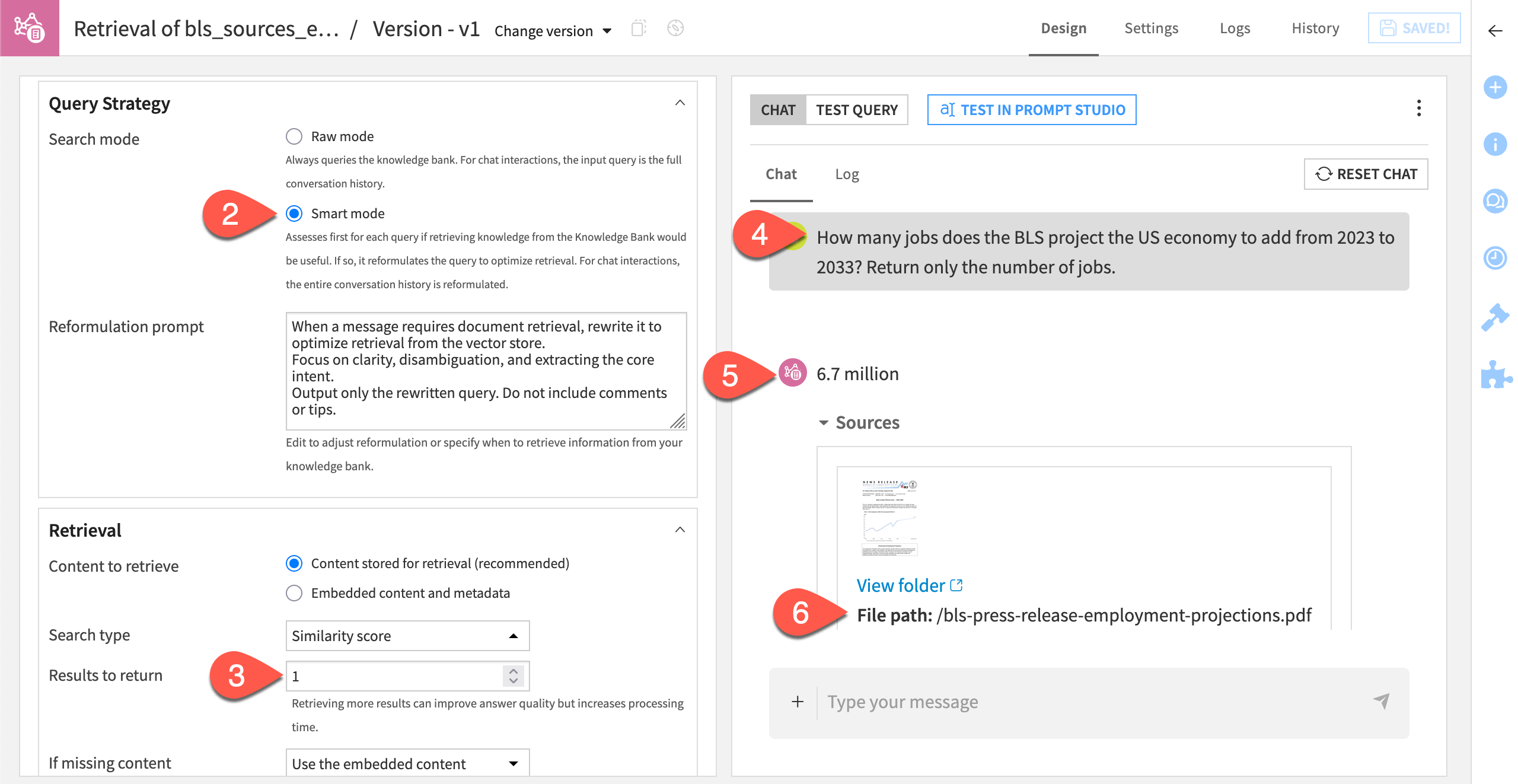 Dataiku screenshot of the Design tab of an augmented LLM.