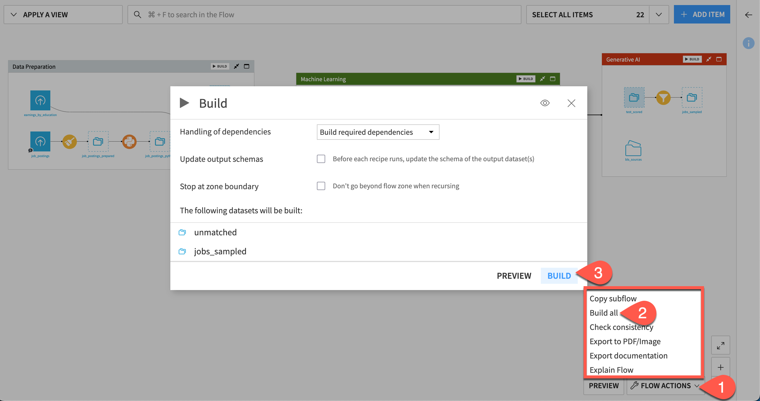 Dataiku screenshot of the dialog for building the Flow.