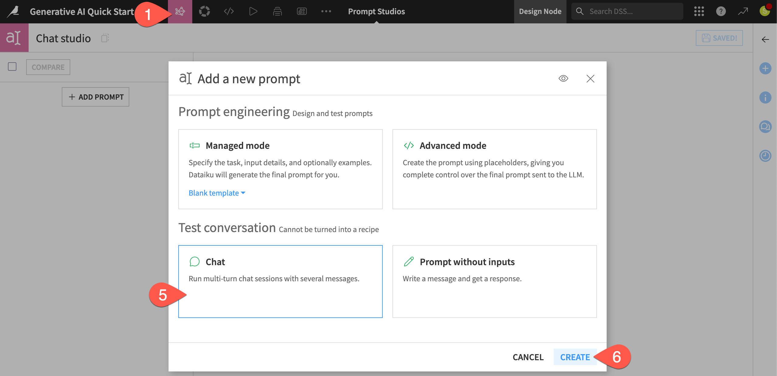 Dataiku screenshot of the dialog to create a Prompt Studio in chat mode.