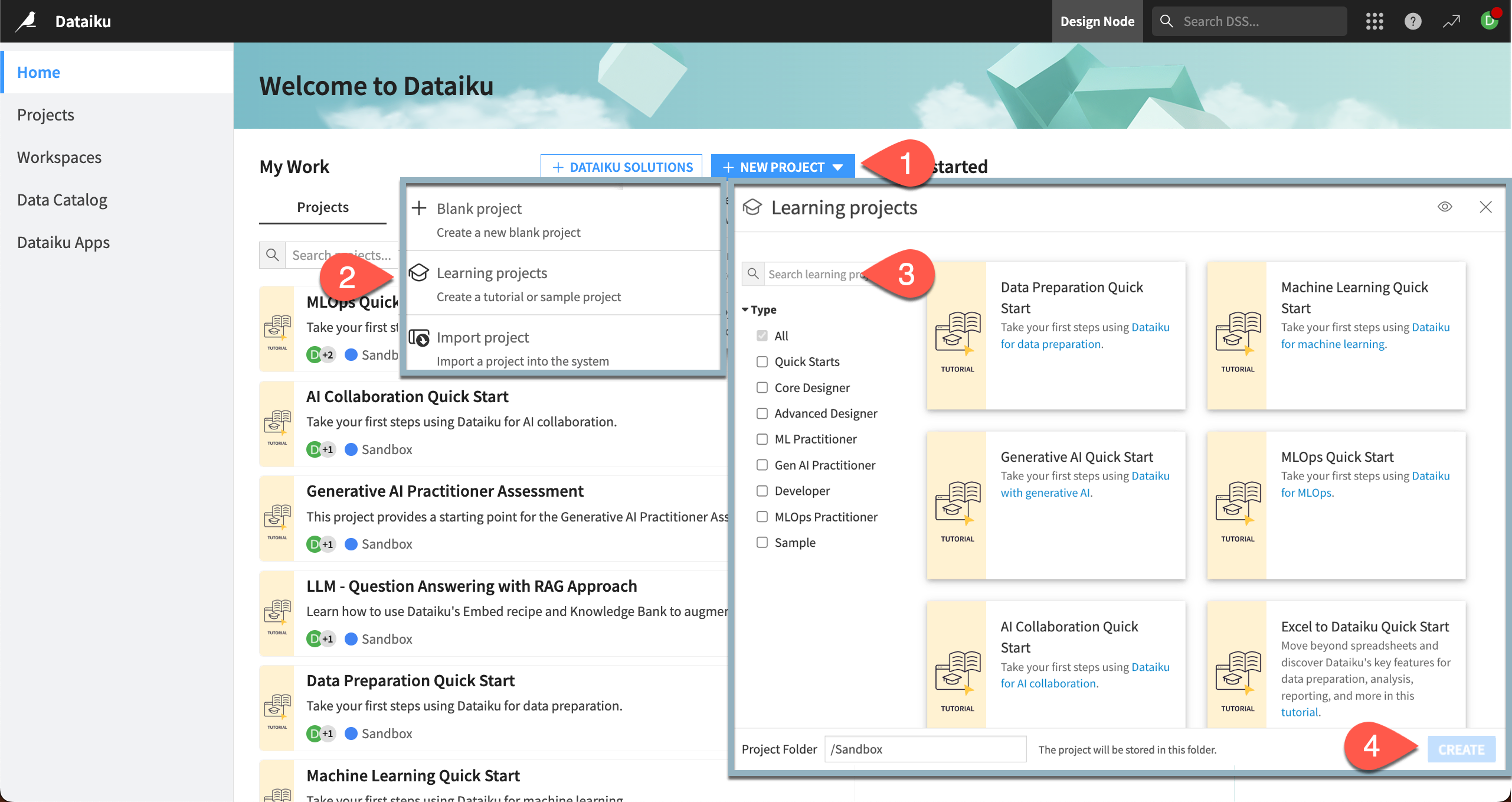 Dataiku screenshot of the dialog for creating a new project.