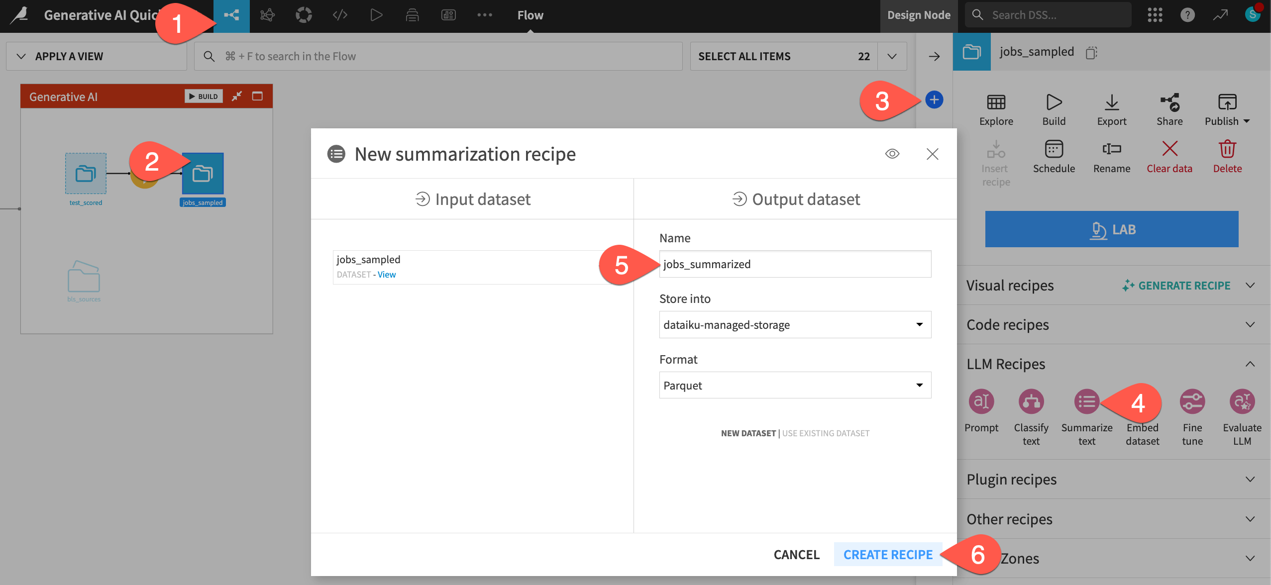 Dataiku screenshot of the dialog for creating a Summarize text recipe.