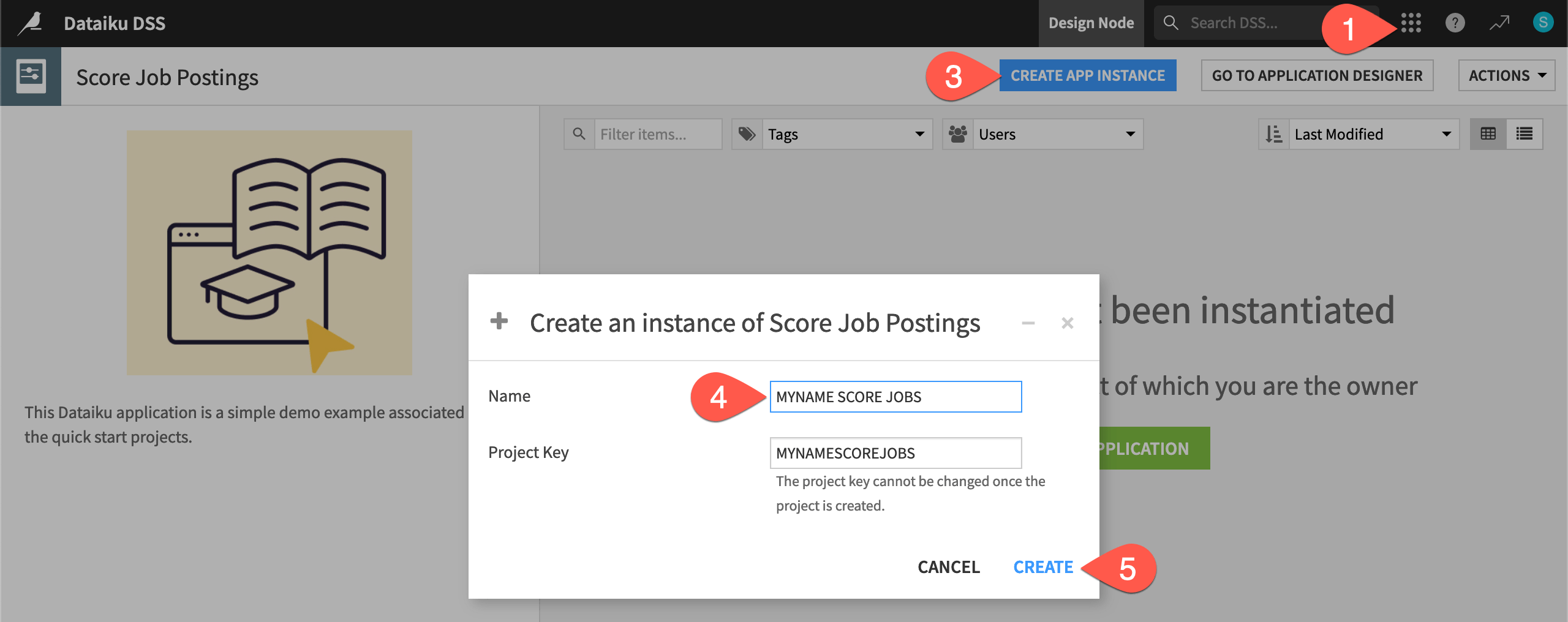 Dataiku screenshot of the dialog for creating an instance of a Dataiku app.