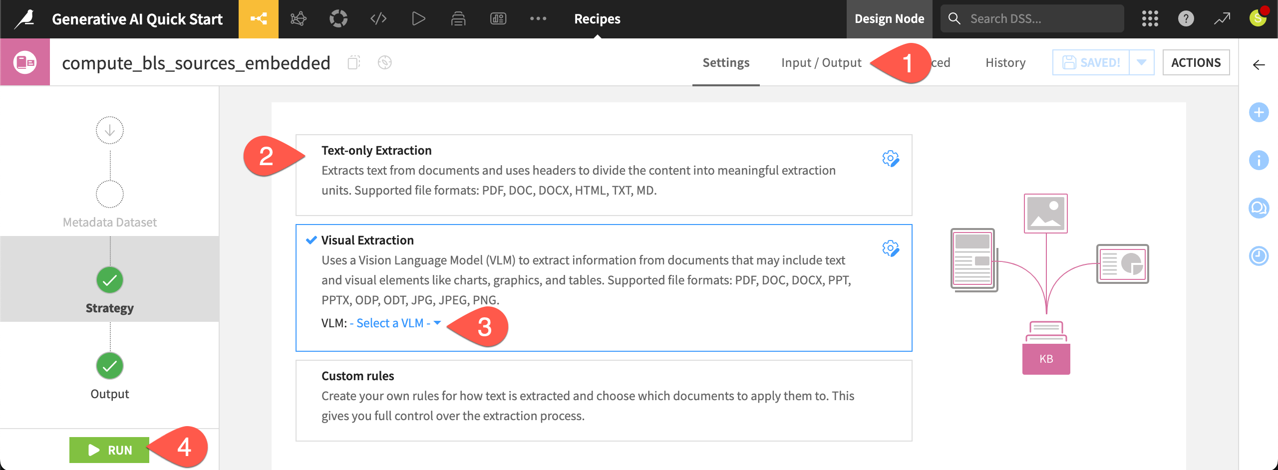Dataiku screenshot of an Embed Documents recipe.