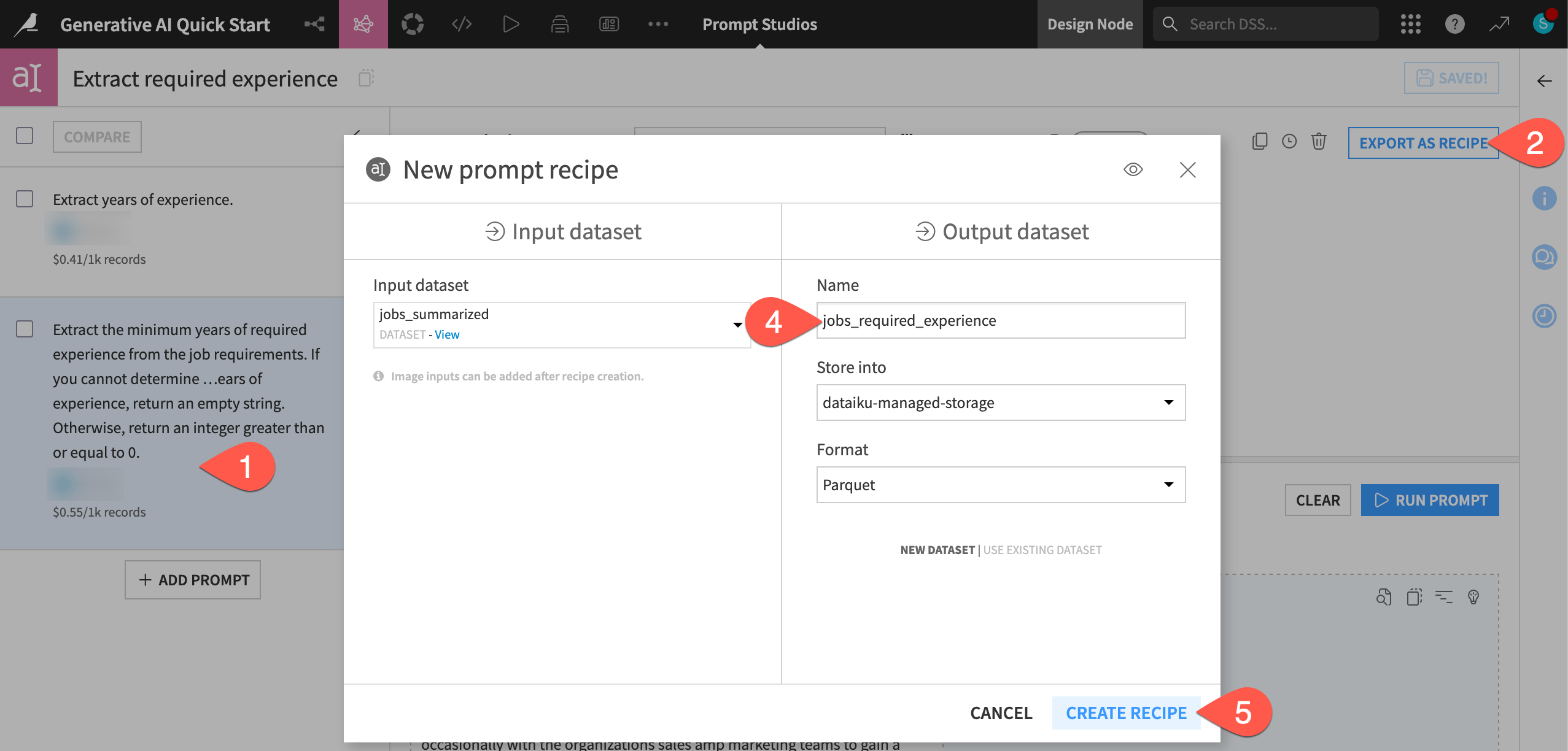 Dataiku screenshot of the dialog for creating a Prompt recipe.