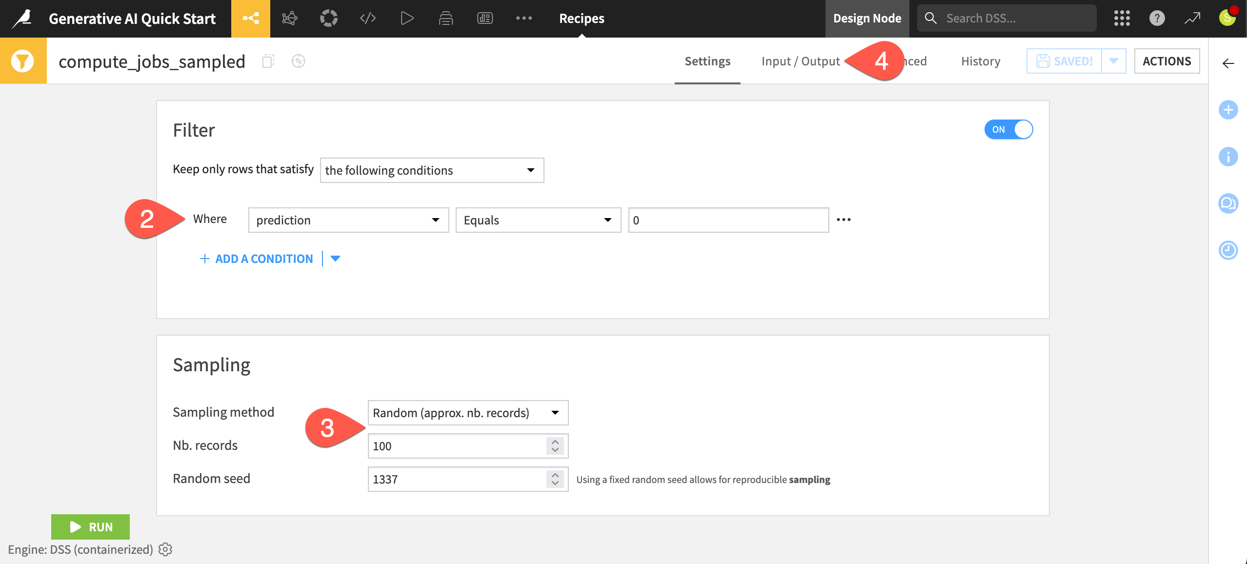 Dataiku screenshot of a Sample/Filter recipe.