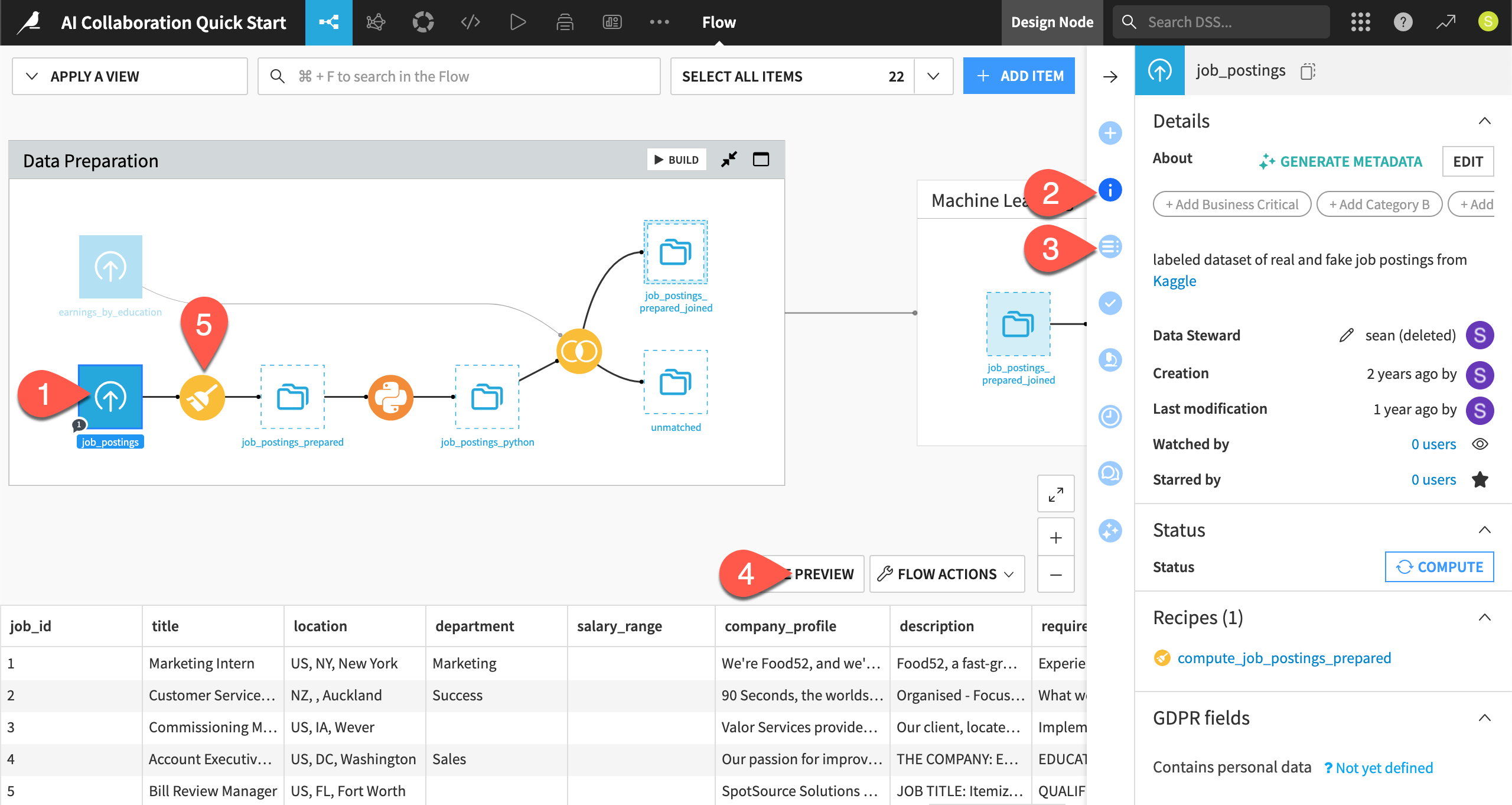 Dataiku screenshot of the details tab of an item in the Flow.