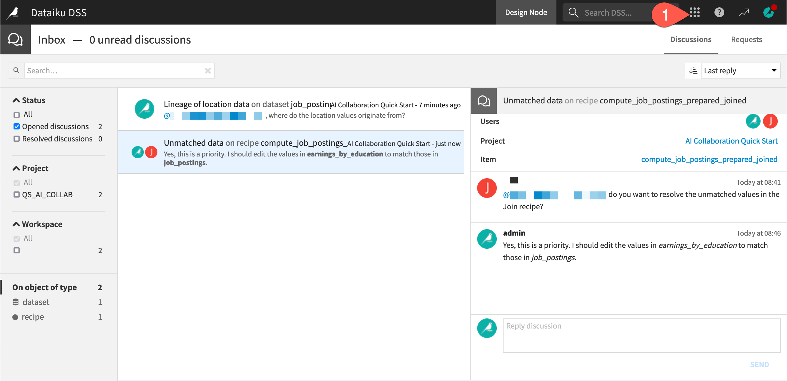 Dataiku screenshot of the inbox.