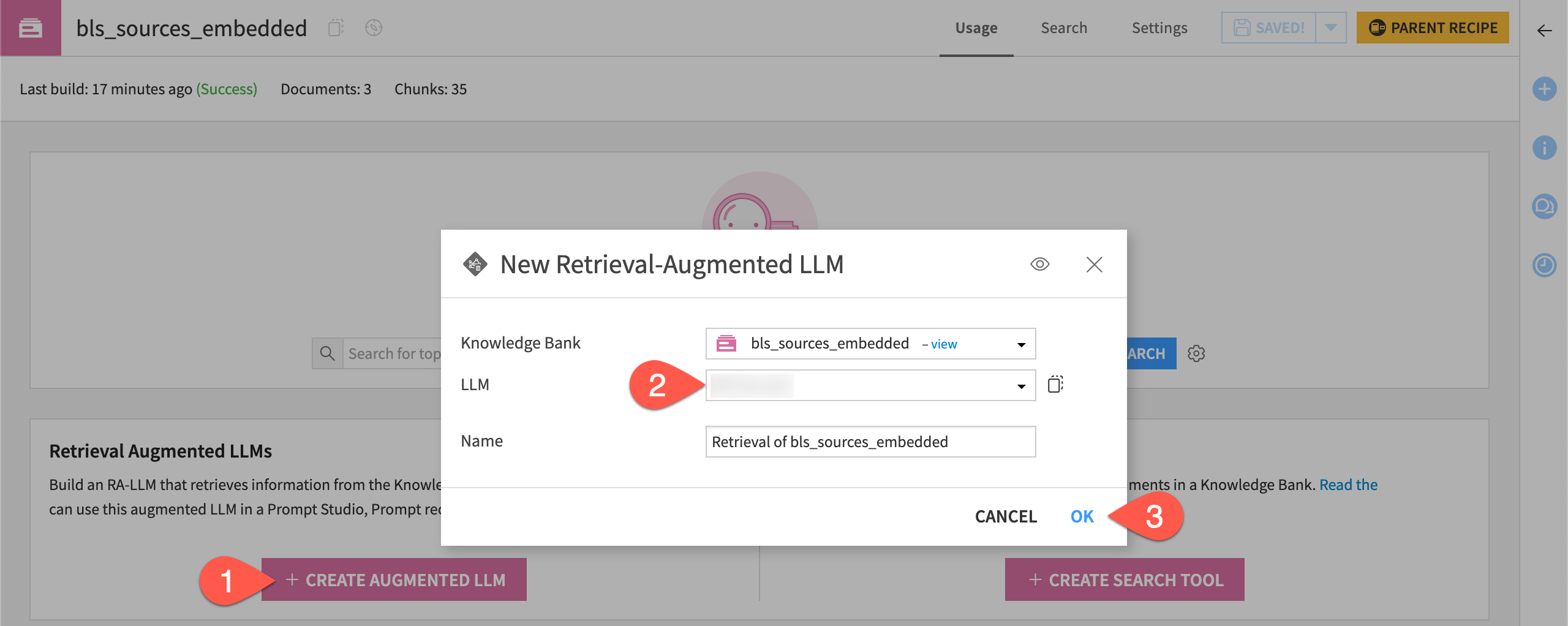 Dataiku screenshot of a knowledge bank with an augmented LLM.