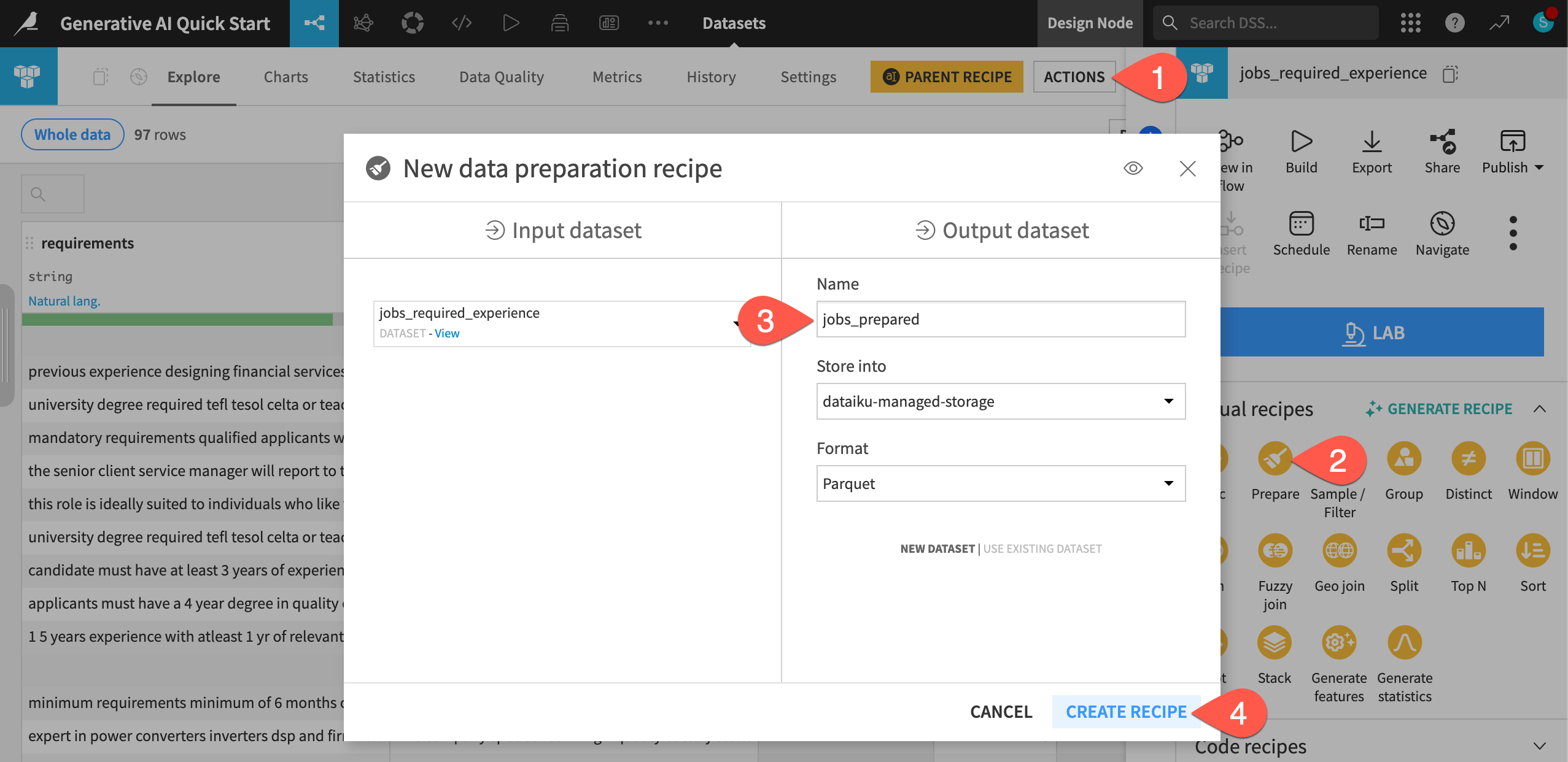 Dataiku screenshot of the dialog to create a Prepare recipe.