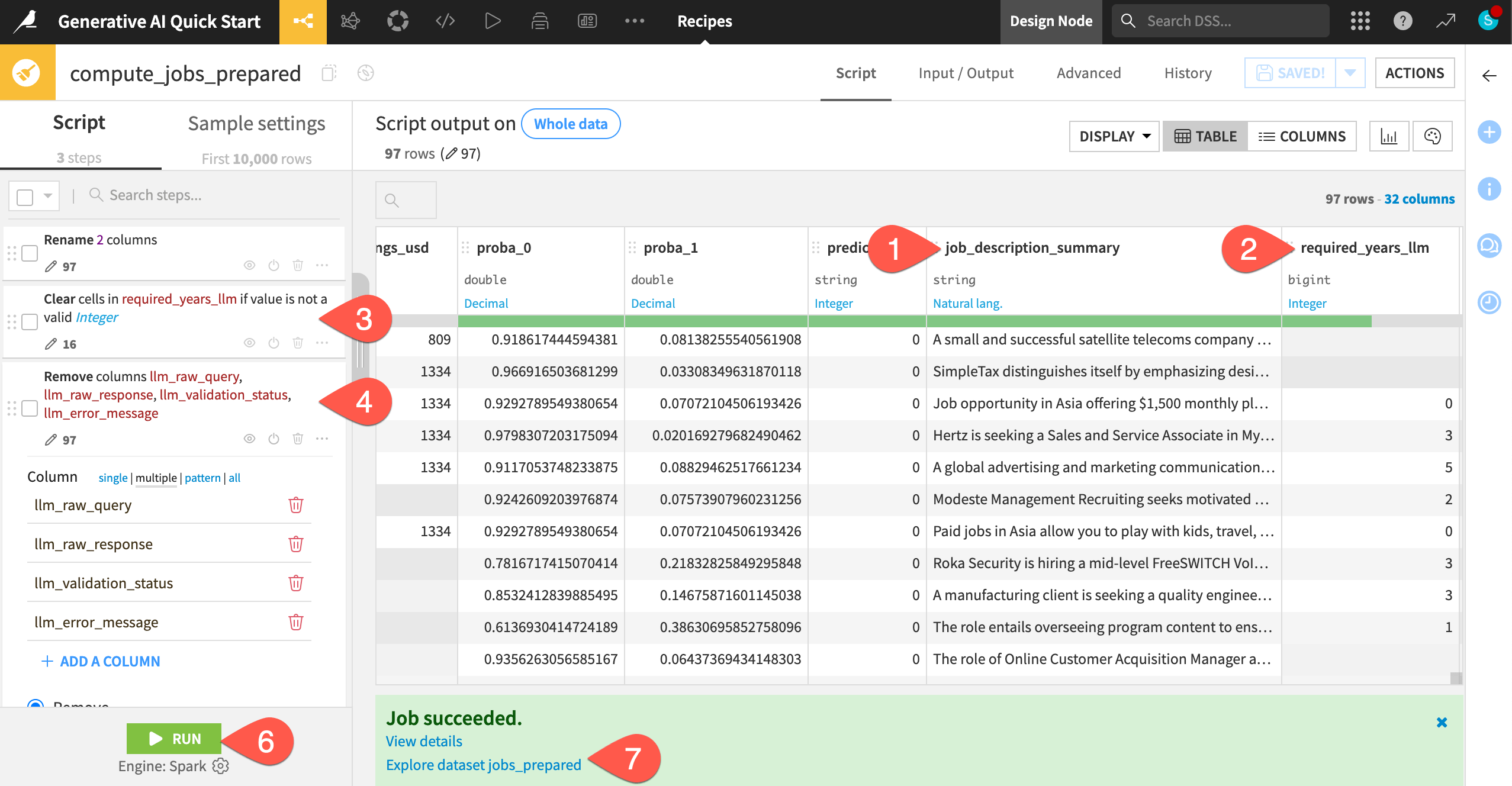 Dataiku screenshot of a Prepare recipe on LLM columns.
