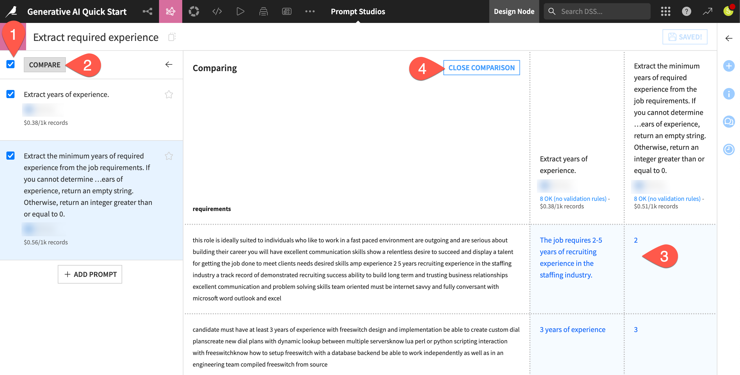 Dataiku screenshot of a prompt comparison in a Prompt Studio.