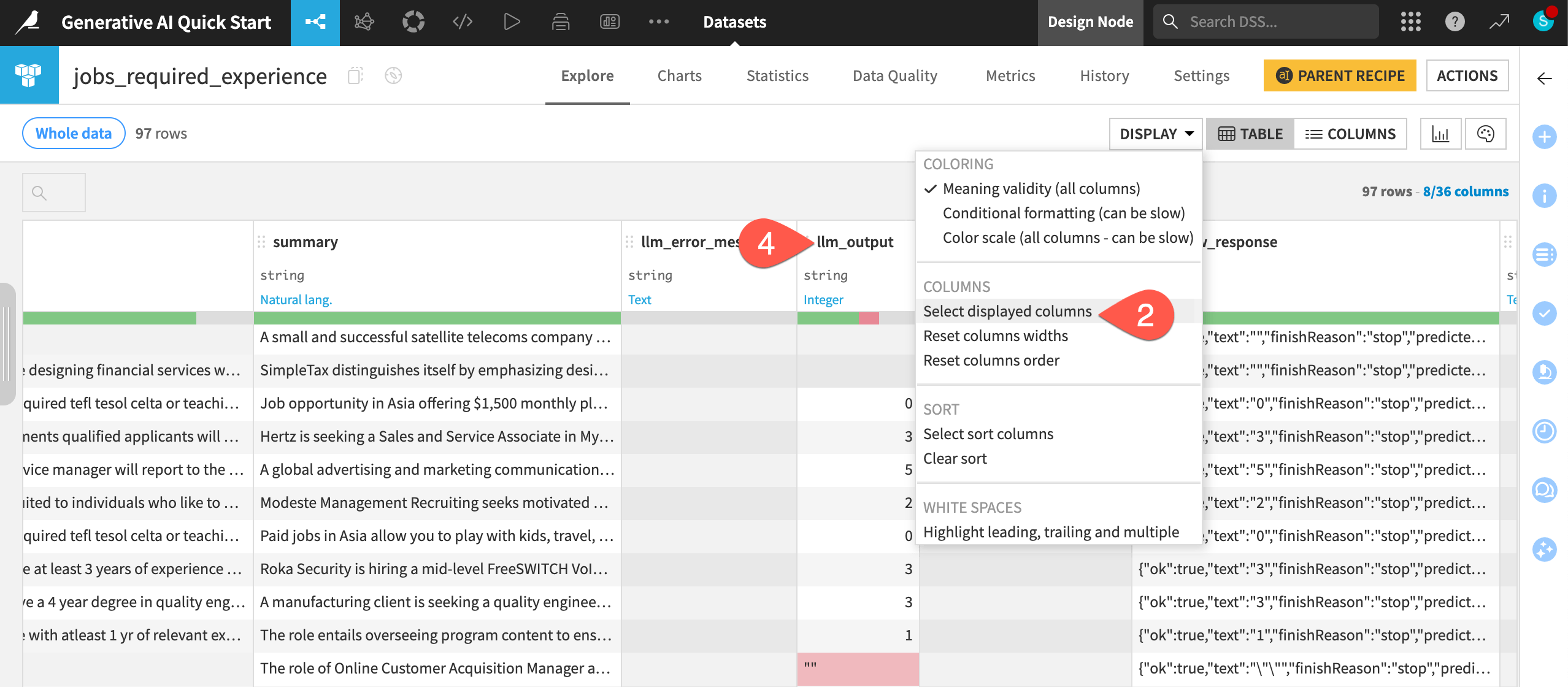 Dataiku screenshot of the output of a Prompt recipe.