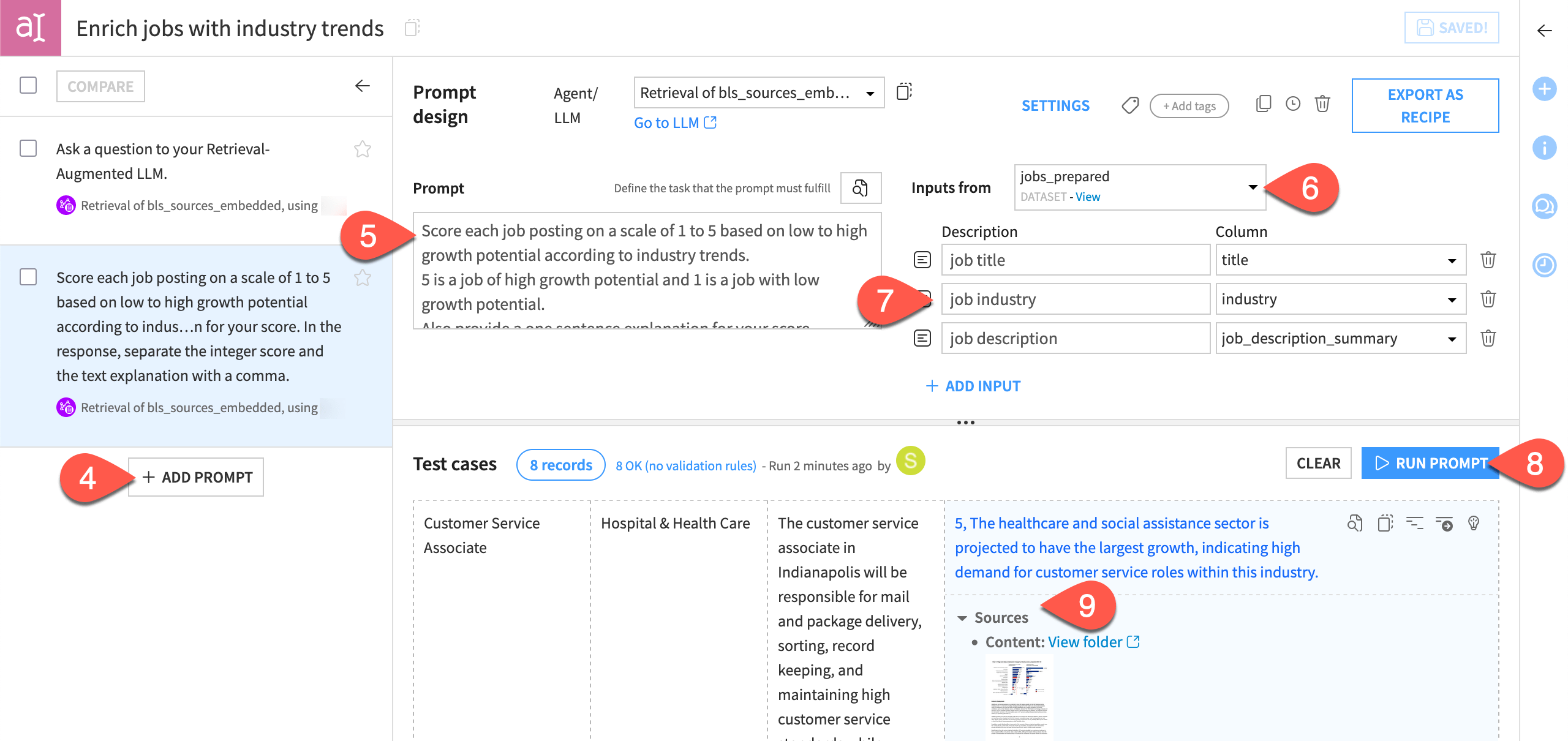 Dataiku screenshot of a Prompt Studio with an augmented LLM.