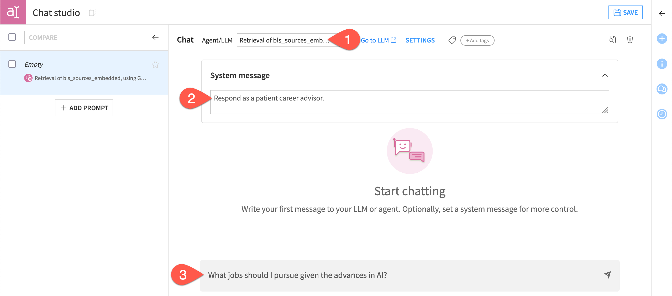 Dataiku screenshot of a Prompt Studio in chat mode.